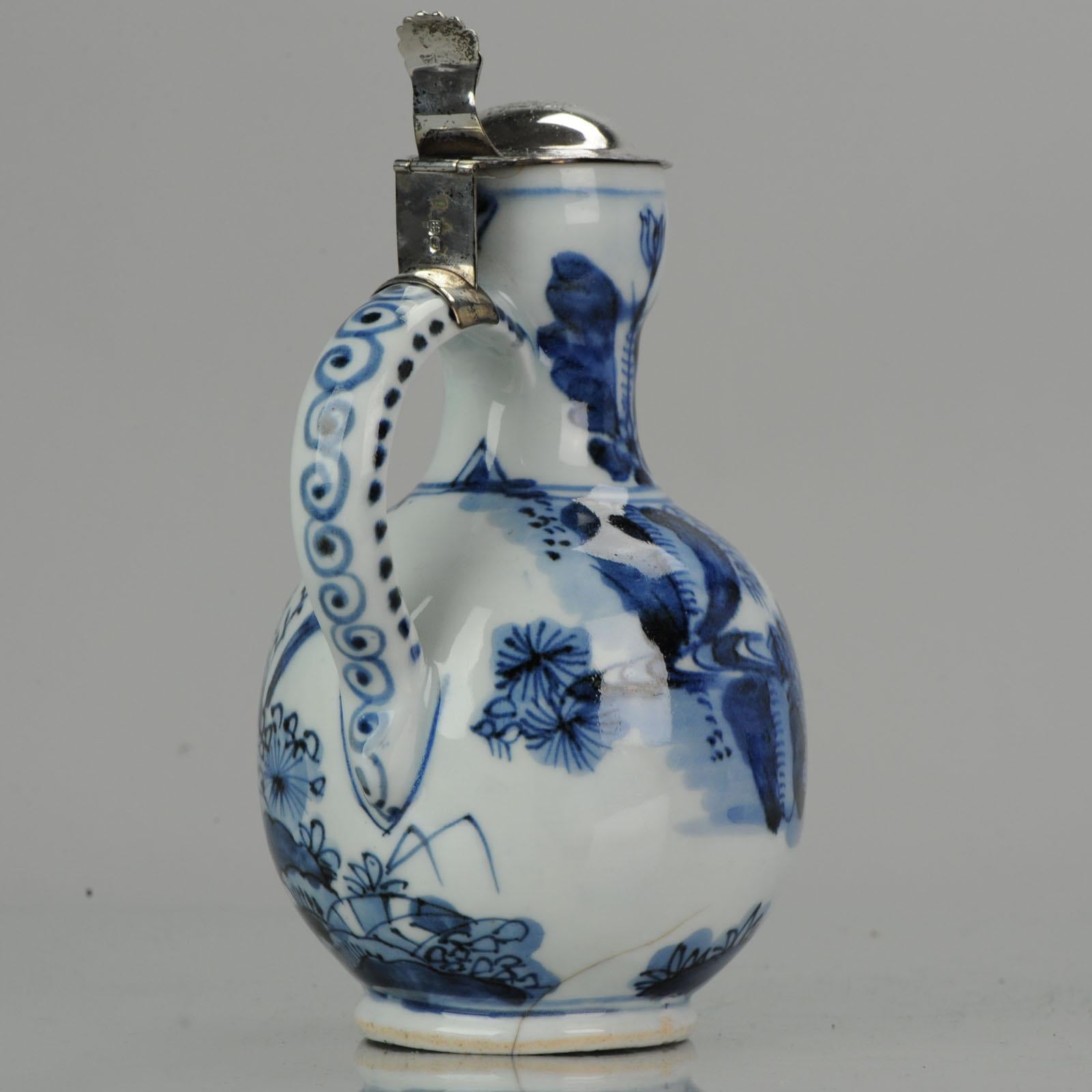Antique 17th Century Arita Jug with Dutch Silver Lid Japan Edo Period Porcelain For Sale 1