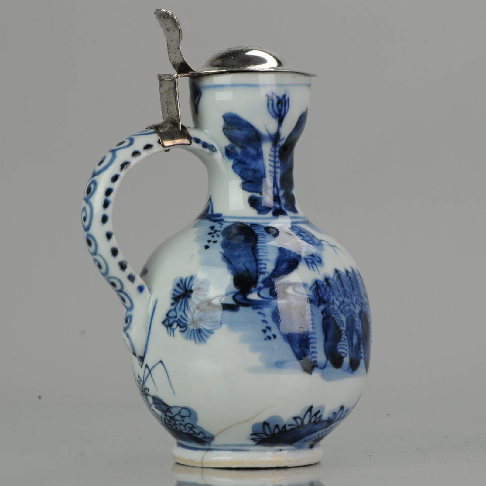 Antique 17th Century Arita Jug with Dutch Silver Lid Japan Edo Period Porcelain For Sale 2