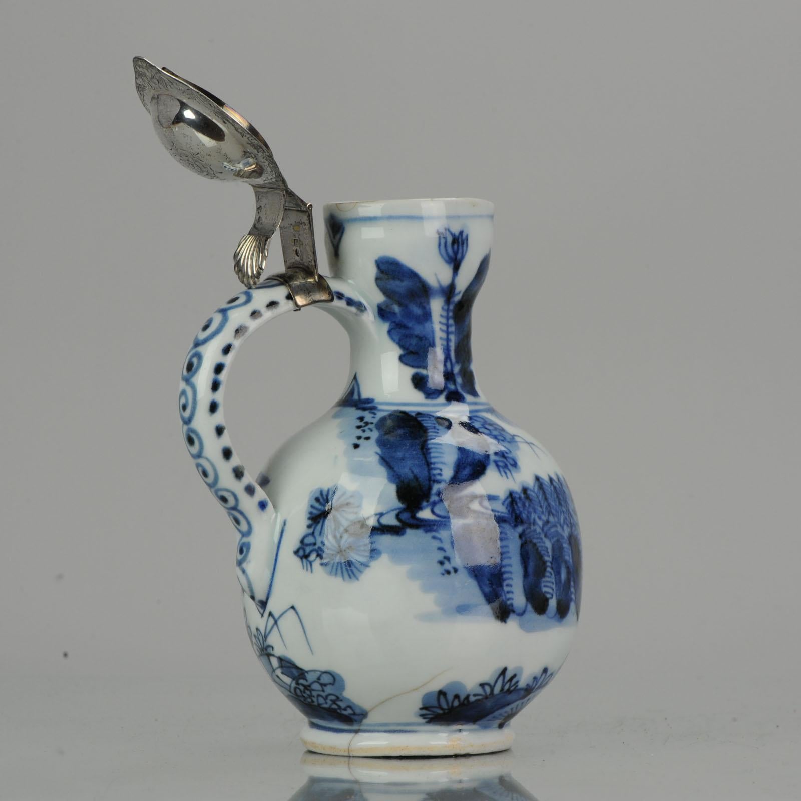 Antique 17th Century Arita Jug with Dutch Silver Lid Japan Edo Period Porcelain For Sale 3