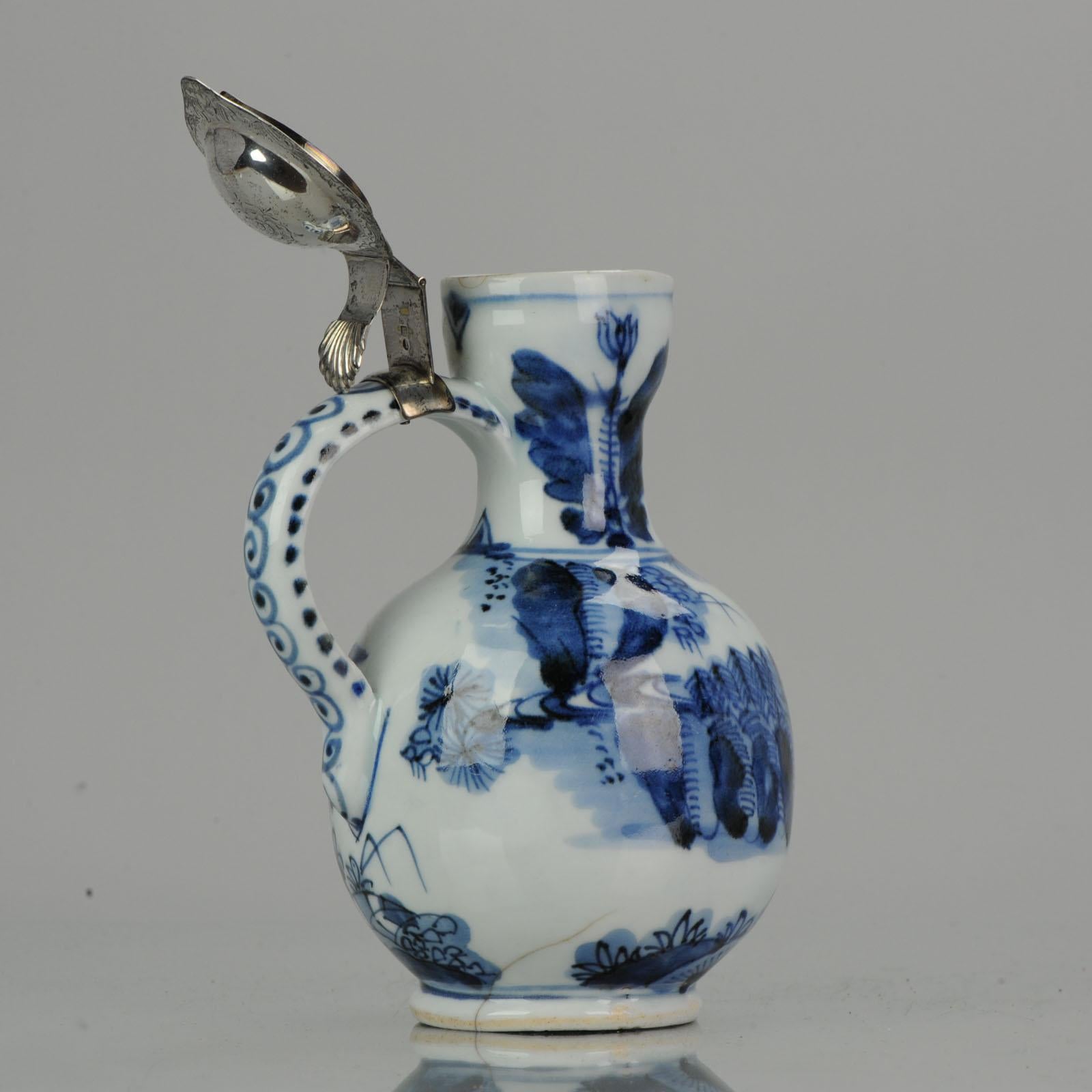 Antique 17th Century Arita Jug with Dutch Silver Lid Japan Edo Period Porcelain 3