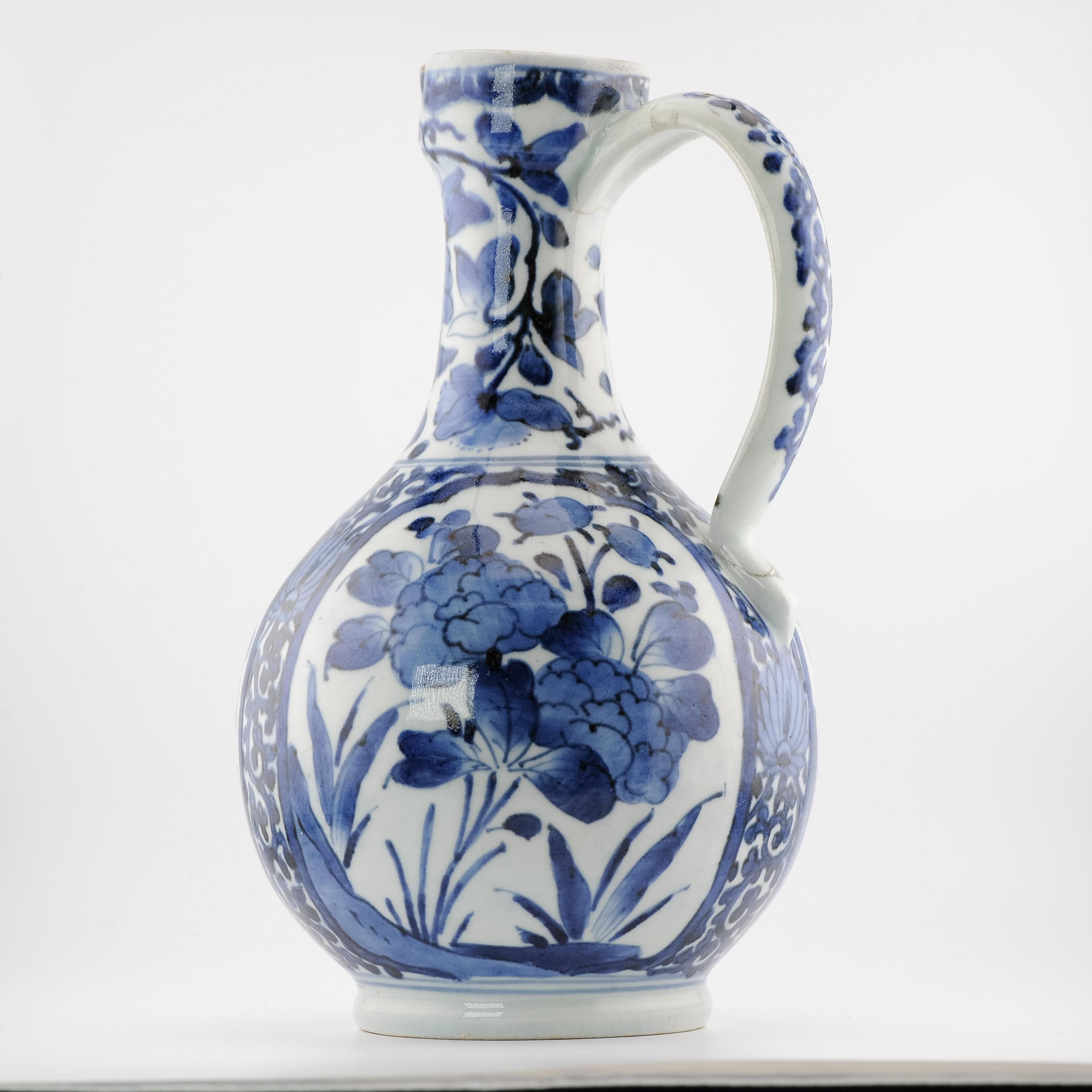 18th Century and Earlier Antique 17C Japanese Porcelain Blue White Edo Period Arita Jug Ewer Flowers For Sale