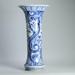 Antique 17C Japanese Porcelain Blue White Edo Period Arita Vase Flowers Lion