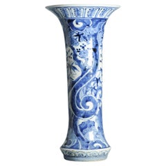Antike 17C Japanisches Porzellan Blau Weiß Edo Periode Arita Vase Blumen Löwe