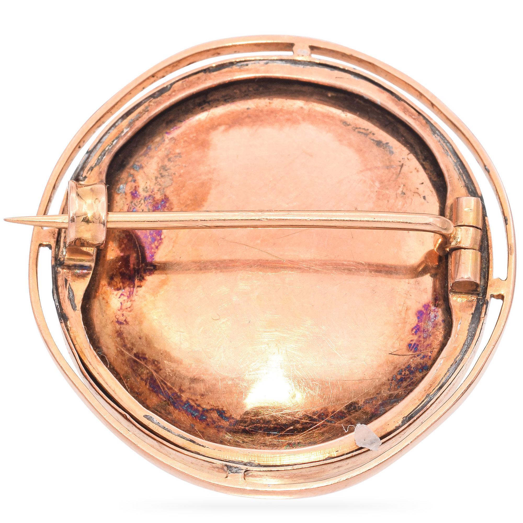 Rose Cut Antique 17K Rose Gold Diamond Enamel Athena Round Brooch Pin For Sale