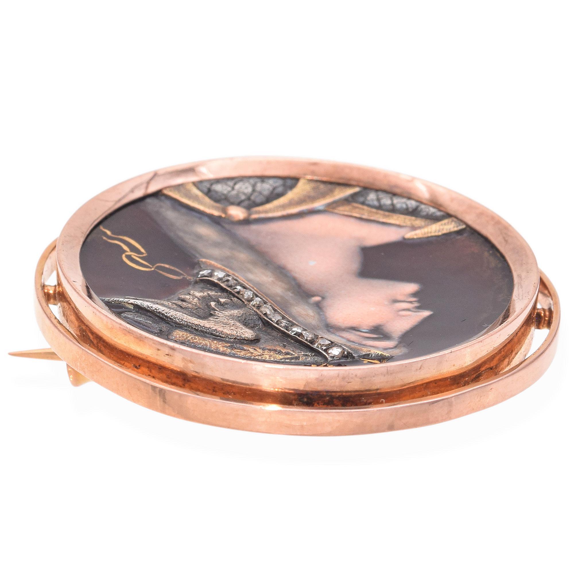 Women's Antique 17K Rose Gold Diamond Enamel Athena Round Brooch Pin For Sale