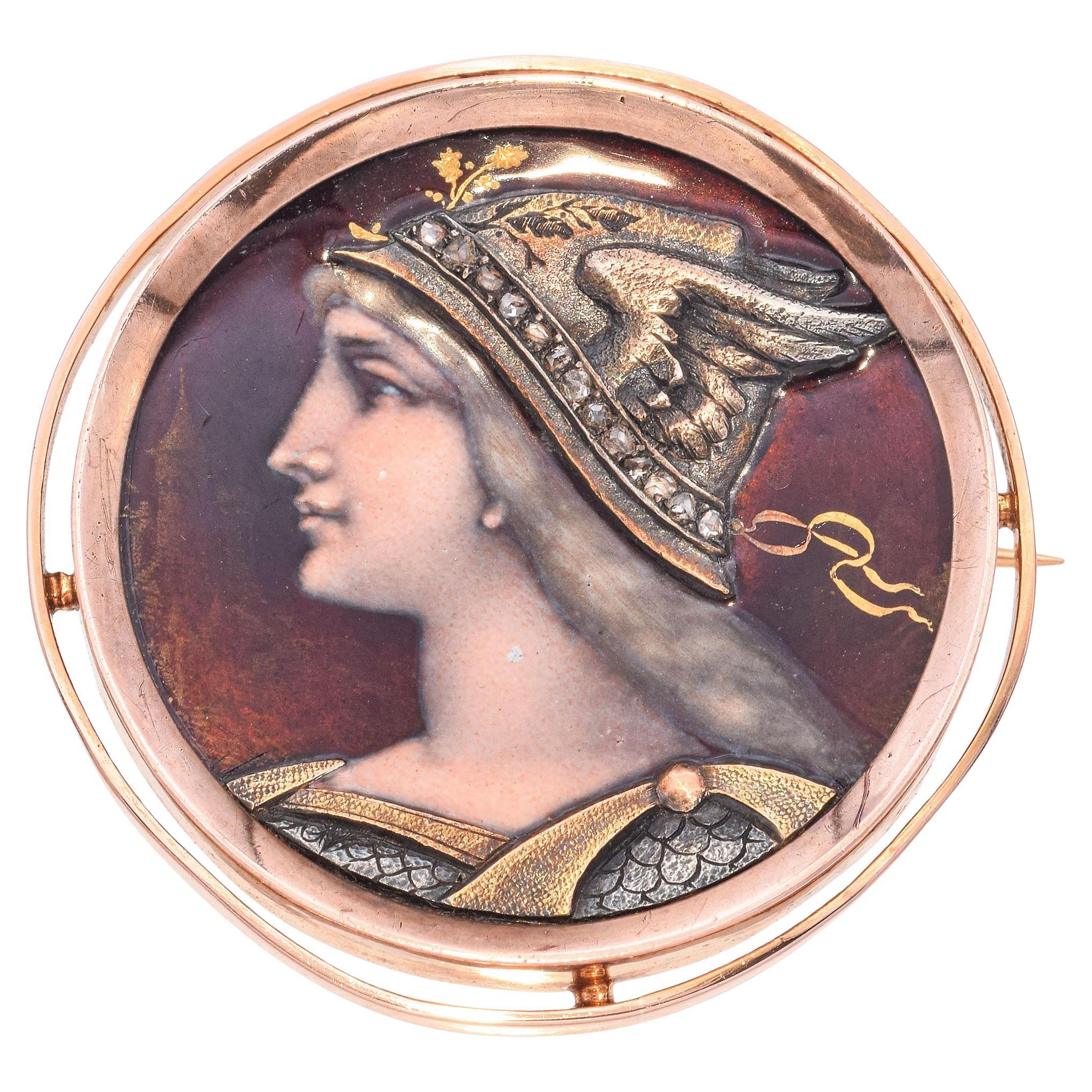 Antique 17K Rose Gold Diamond Enamel Athena Round Brooch Pin