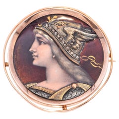Antique 17K Rose Gold Diamond Enamel Athena Round Brooch Pin