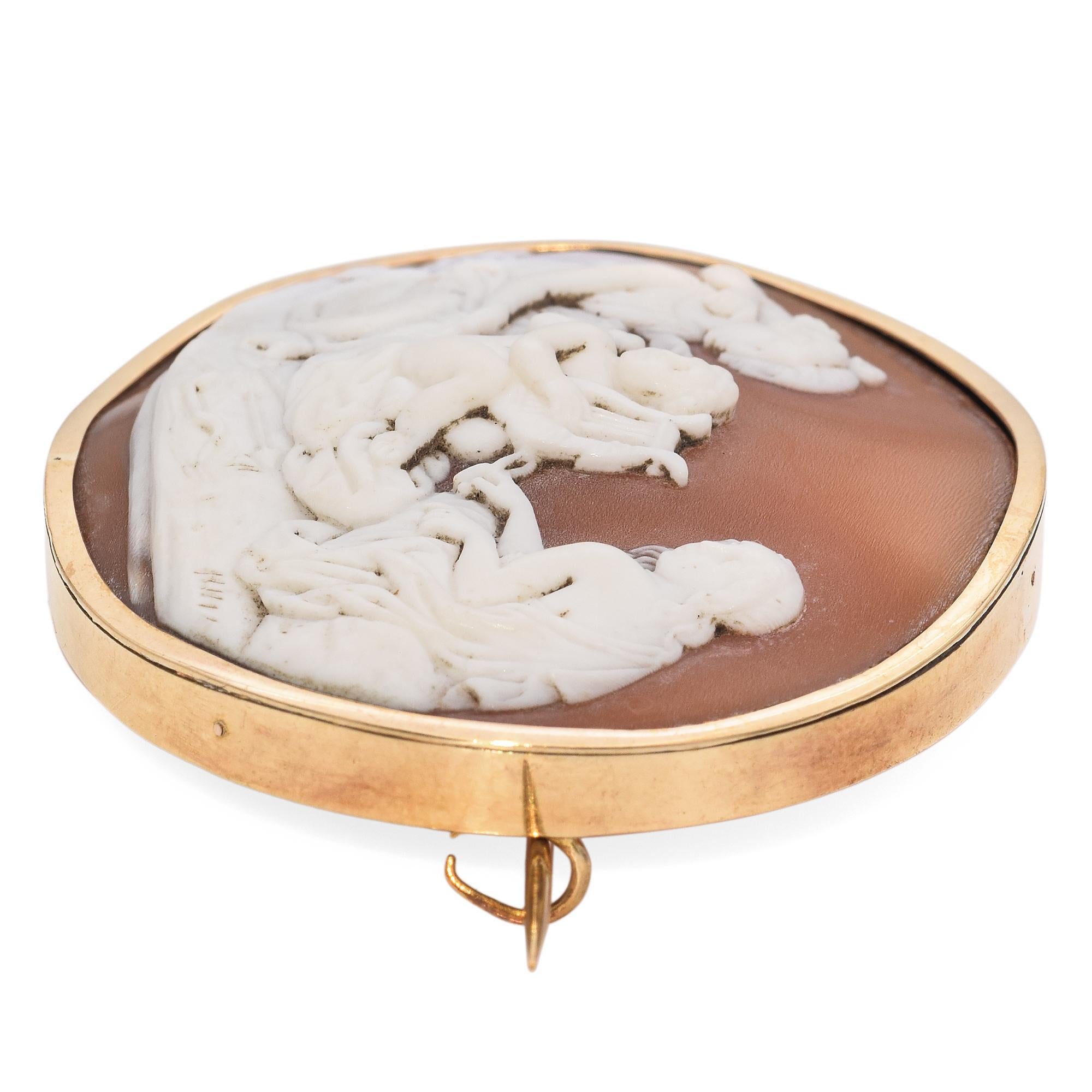 Women's Antique 17K Yellow Gold Cherub and Three Women Shell Cameo Brooch For Sale