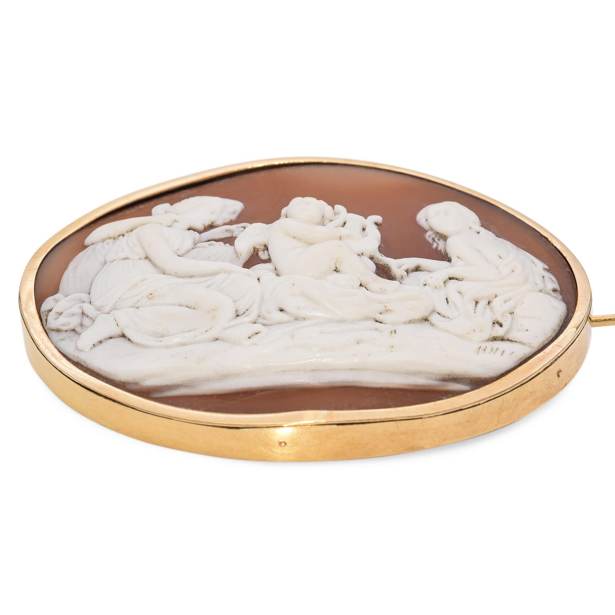 Antique 17K Yellow Gold Cherub and Three Women Shell Cameo Brooch For Sale 1