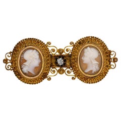 Antique 17k Yellow Gold Diamond "Two Sisters" Shell Cameo Brooch