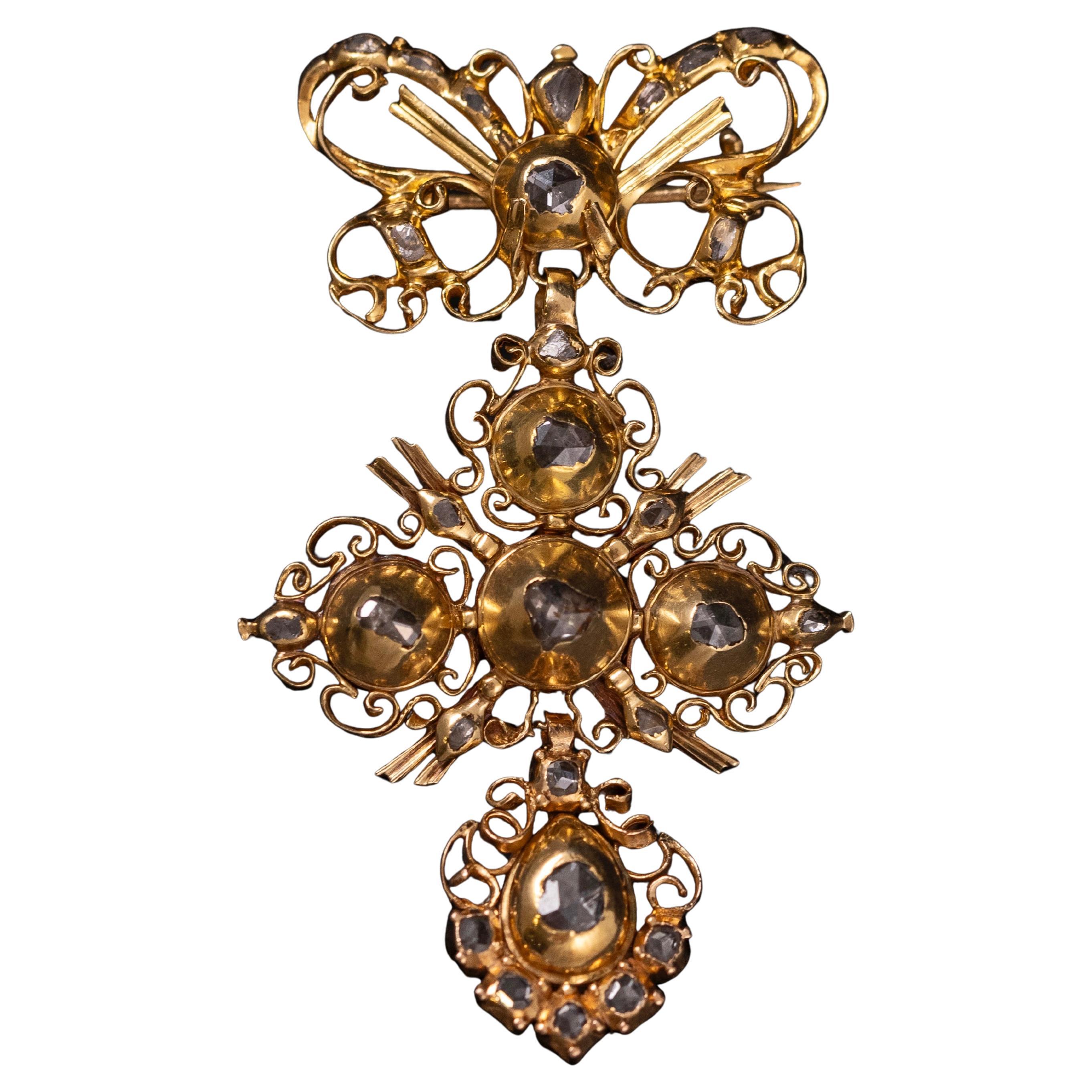 Antique 17th-18th Century Diamond Laça Bow Cross Pendant Brooch Portuguese Gold