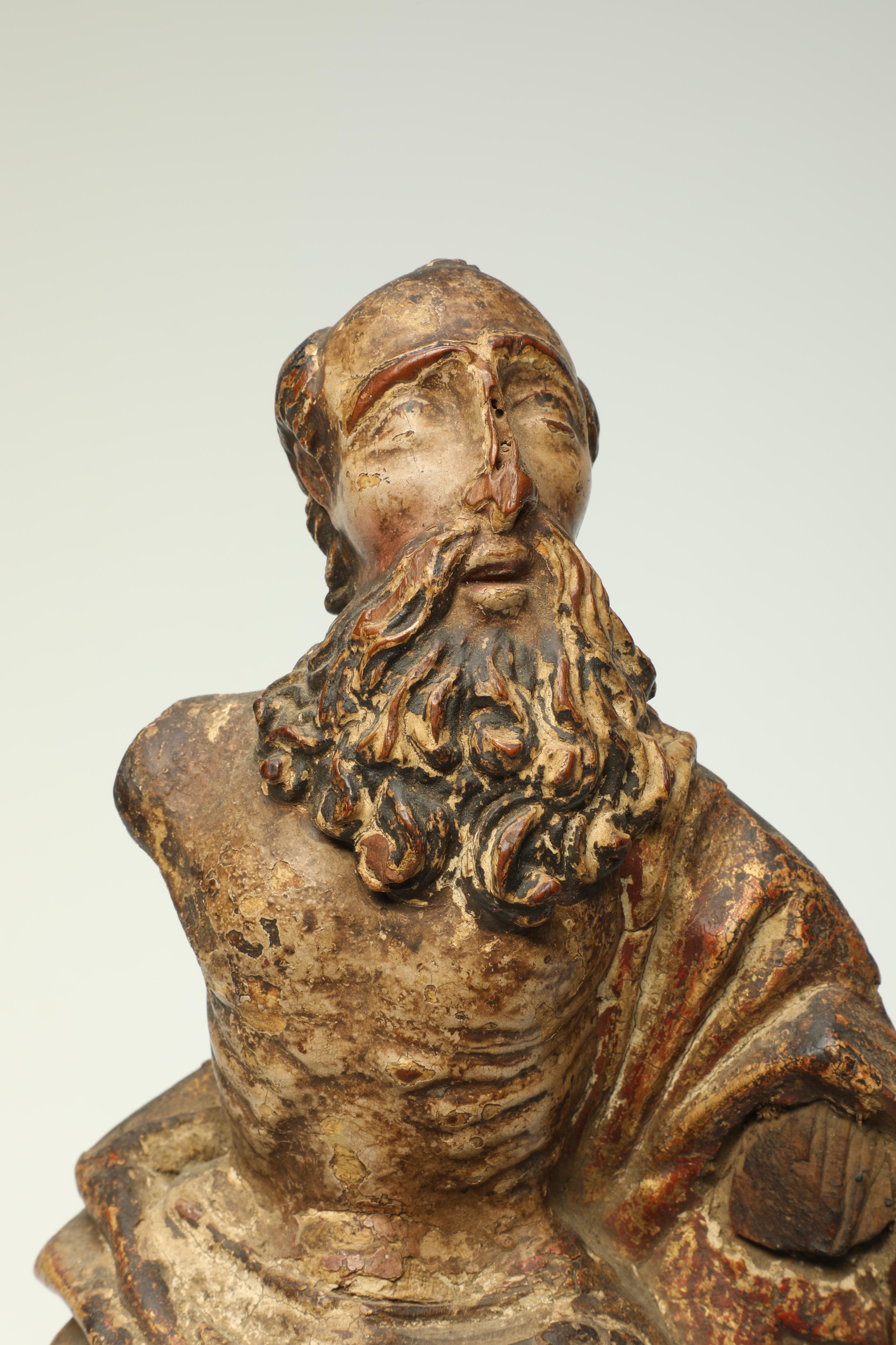 Medieval Antique 17th-18th Century Wood Italian Seated Saint Figure Fragment with Beard For Sale