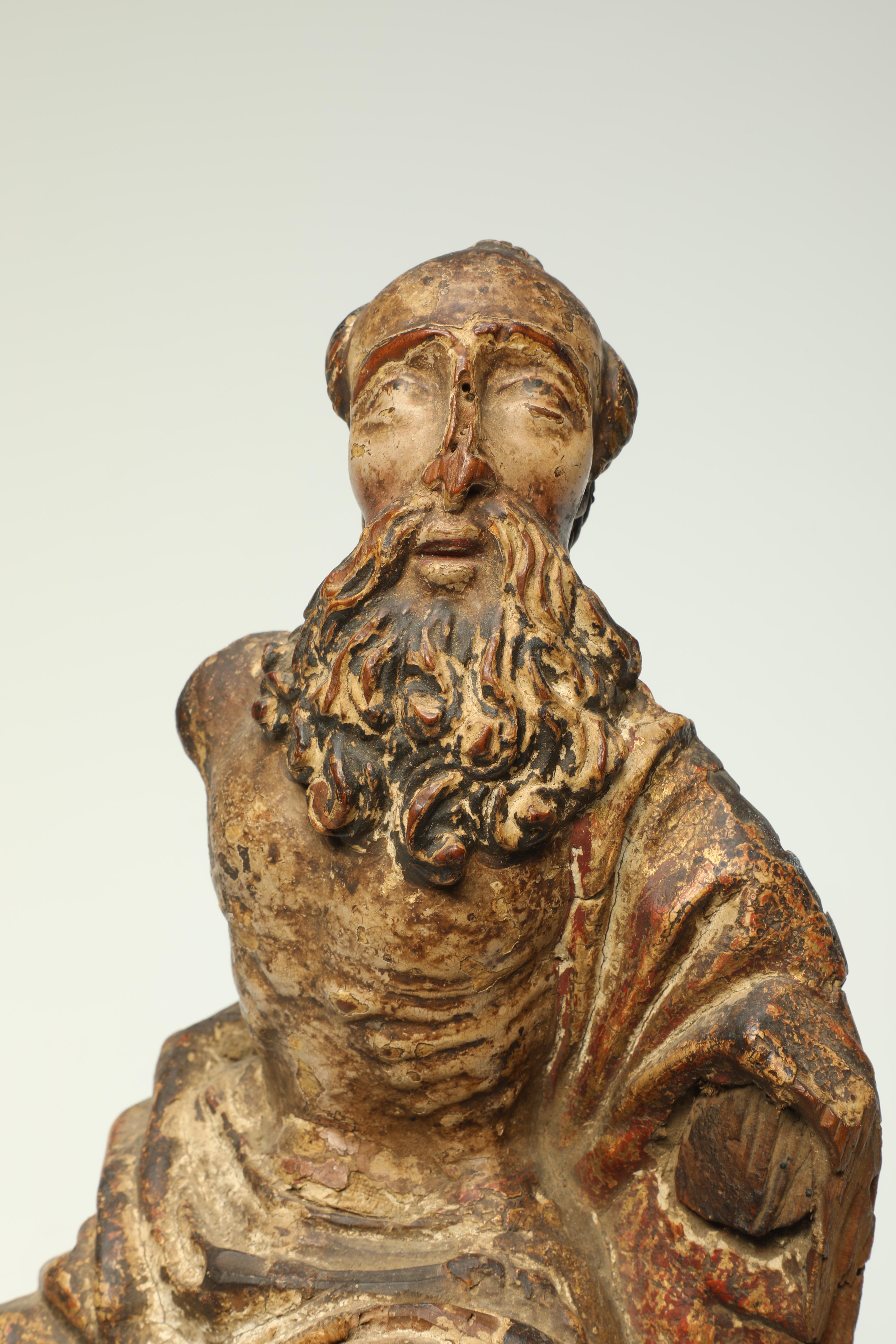 Hand-Carved Antique 17th-18th Century Wood Italian Seated Saint Figure Fragment with Beard For Sale