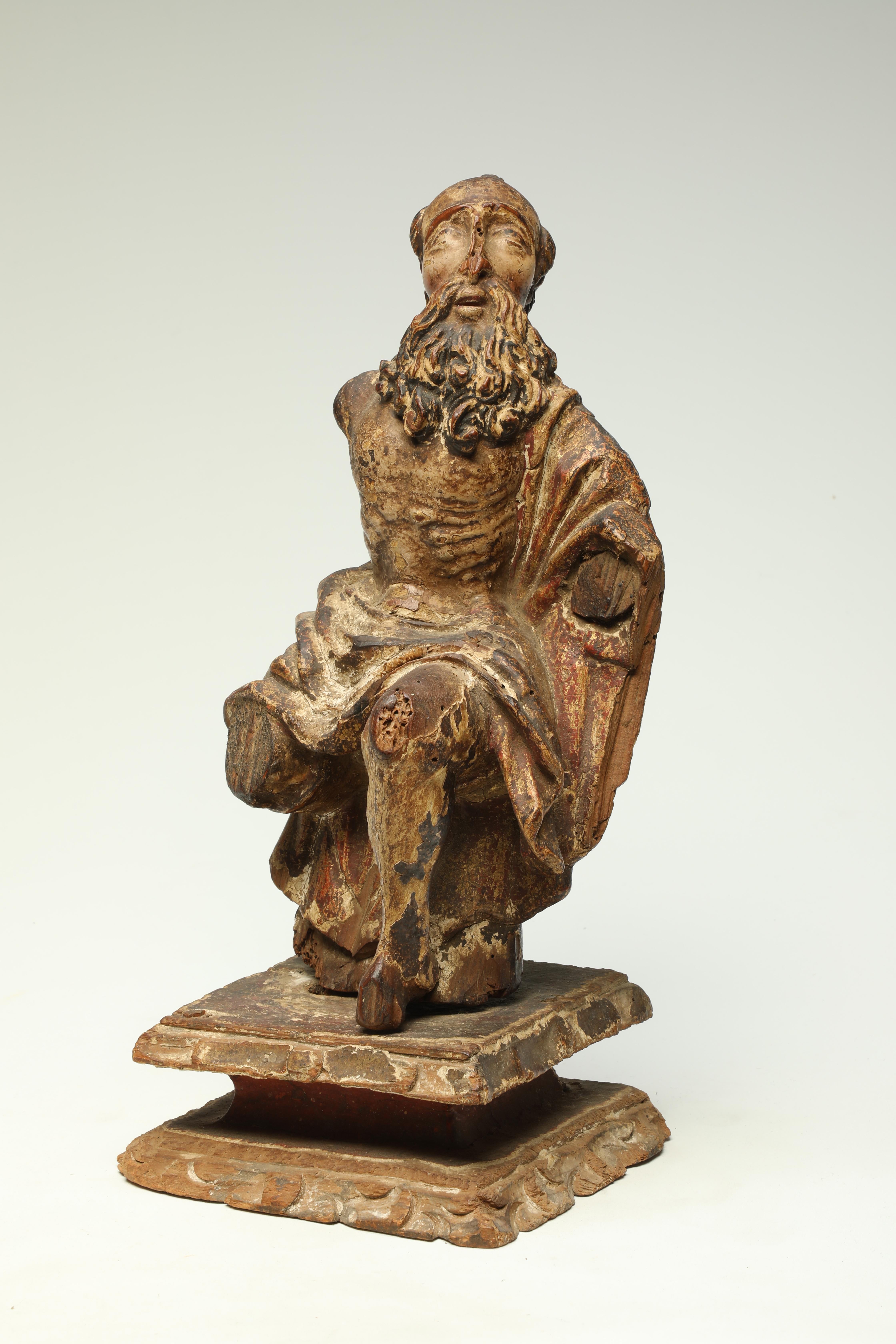 Antique 17th-18th Century Wood Italian Seated Saint Figure Fragment with Beard In Distressed Condition For Sale In Point Richmond, CA