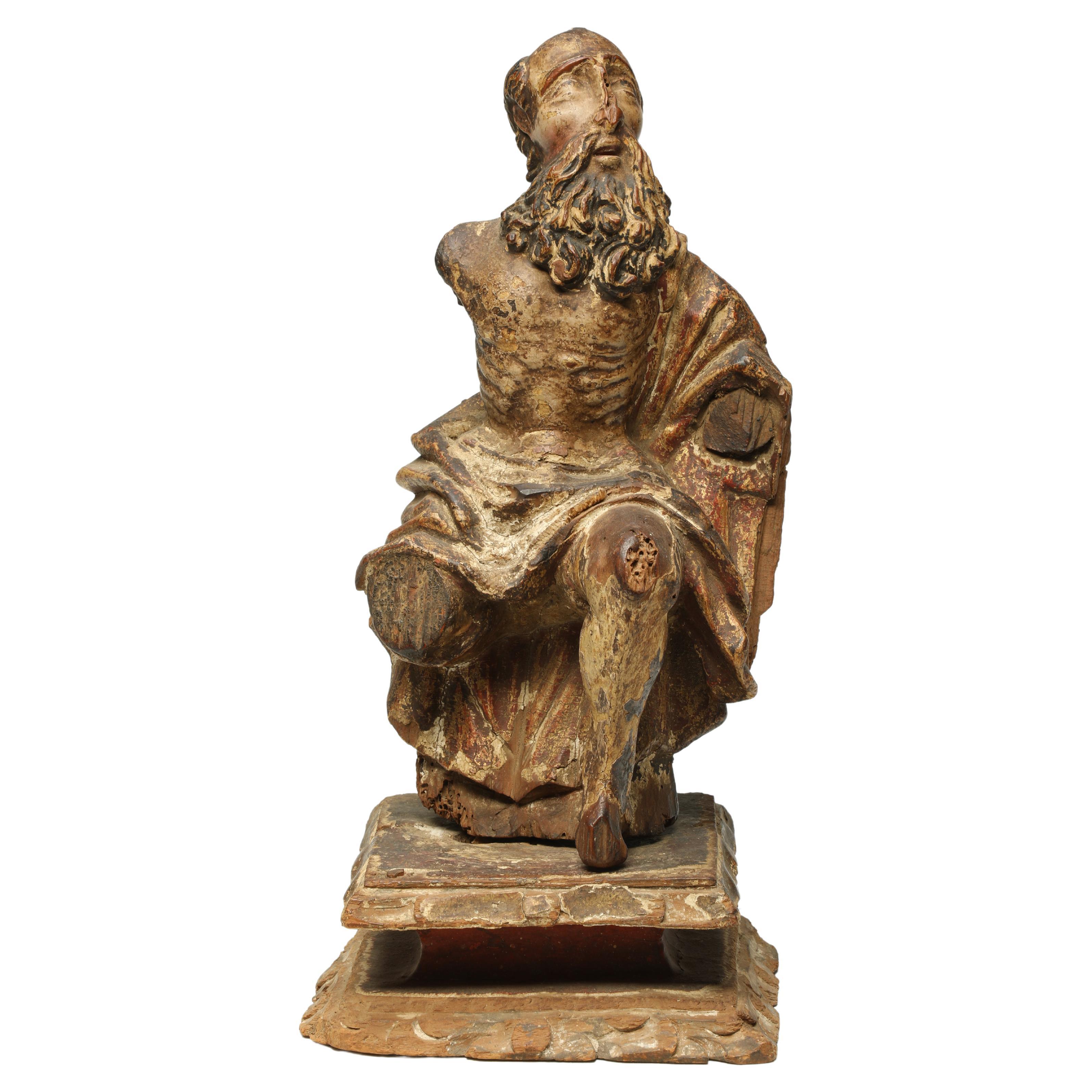 Ancien fragment de saint assis italien en bois du 17e-18e siècle avec barbe