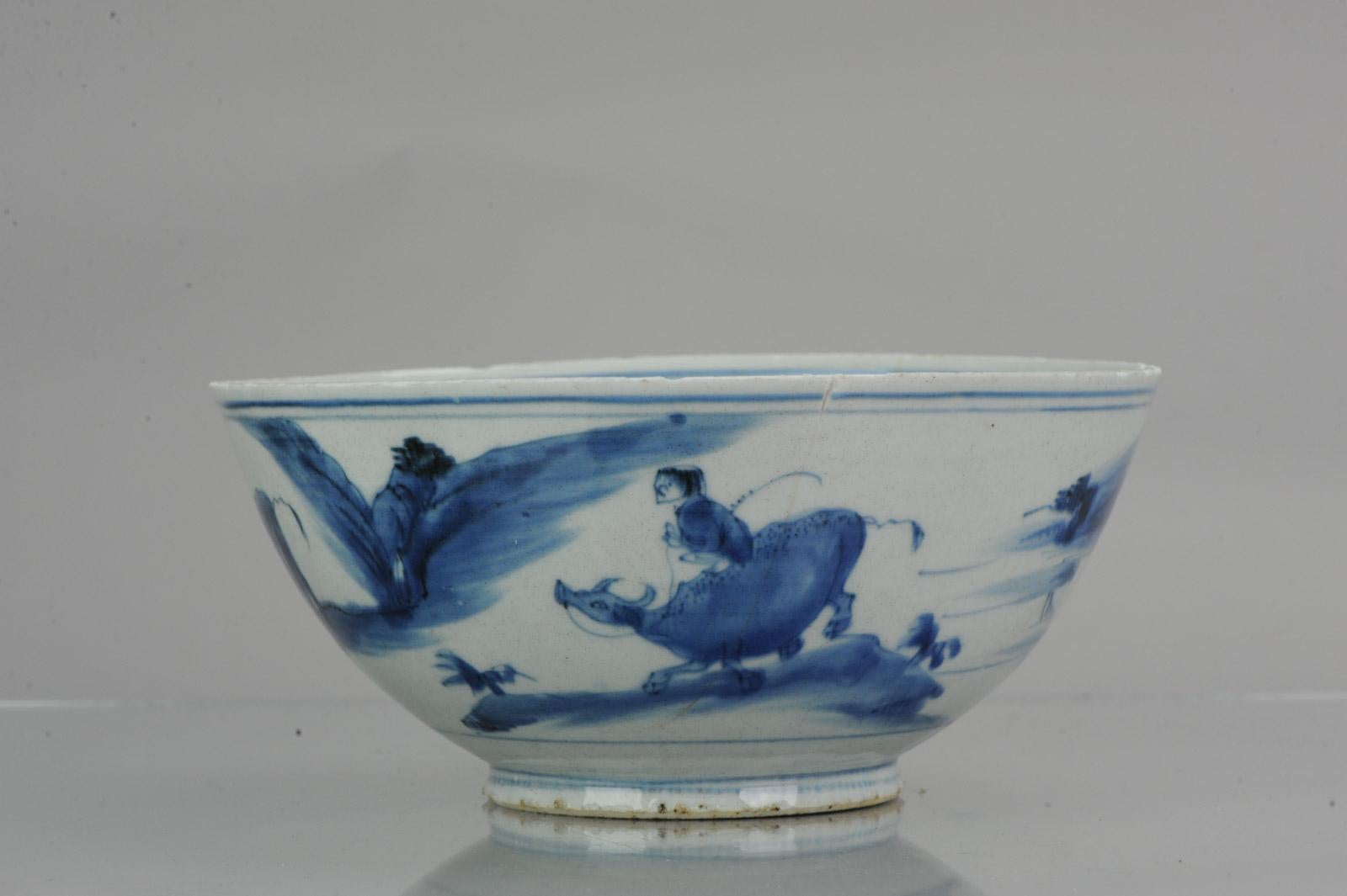 Antique 17th Century Chinese Porcelain Bowl Ming Period Wanli Boy on Ox Marked 6