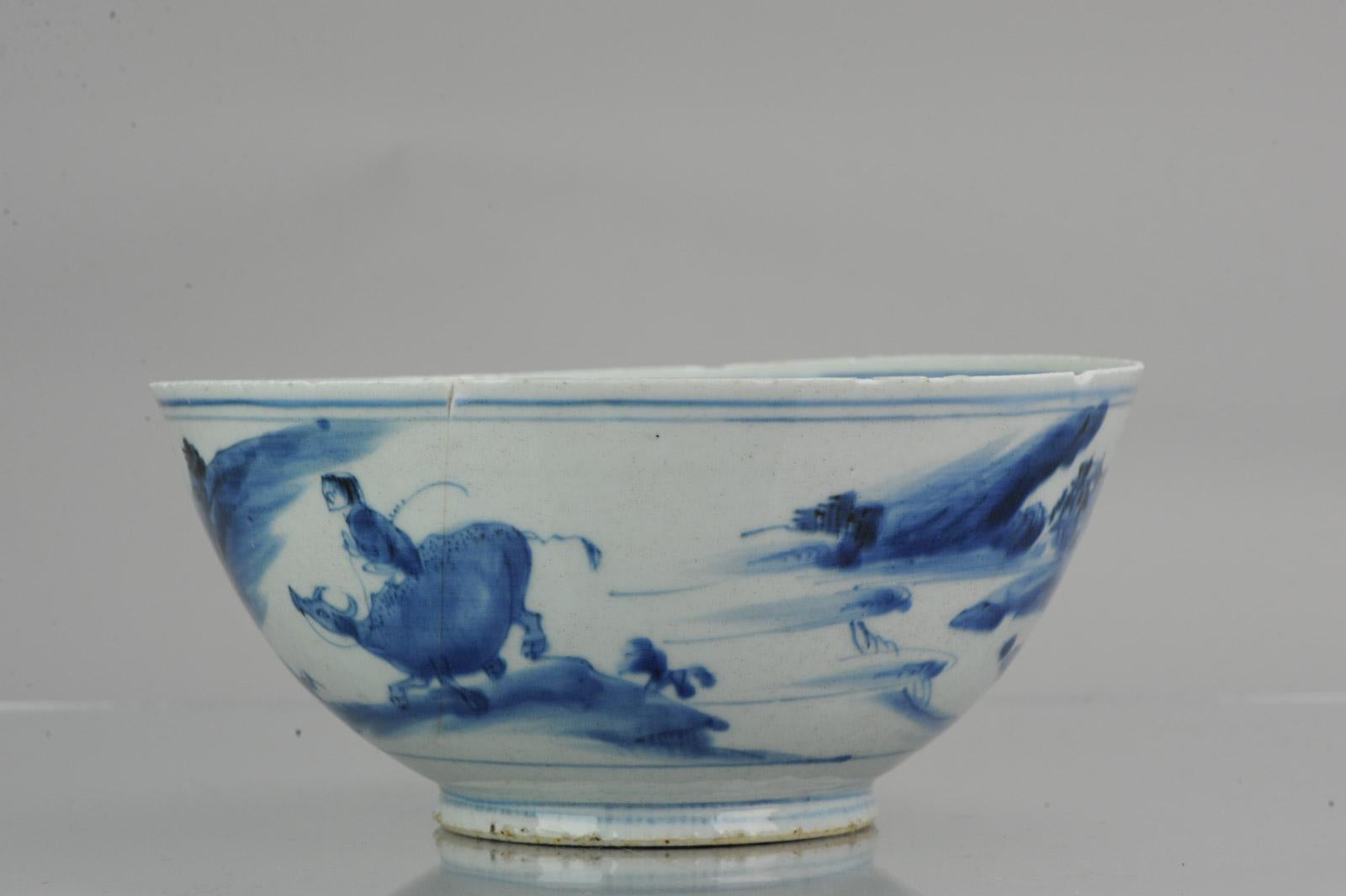 Antique 17th Century Chinese Porcelain Bowl Ming Period Wanli Boy on Ox Marked In Good Condition In Amsterdam, Noord Holland