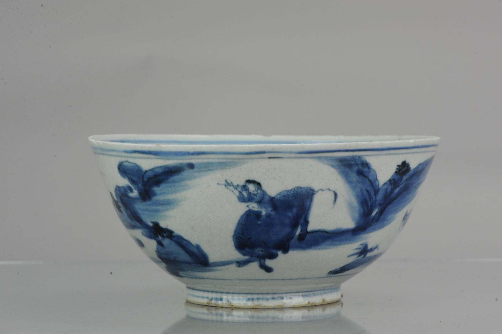Antique 17th Century Chinese Porcelain Bowl Ming Period Wanli Boy on Ox Marked 4