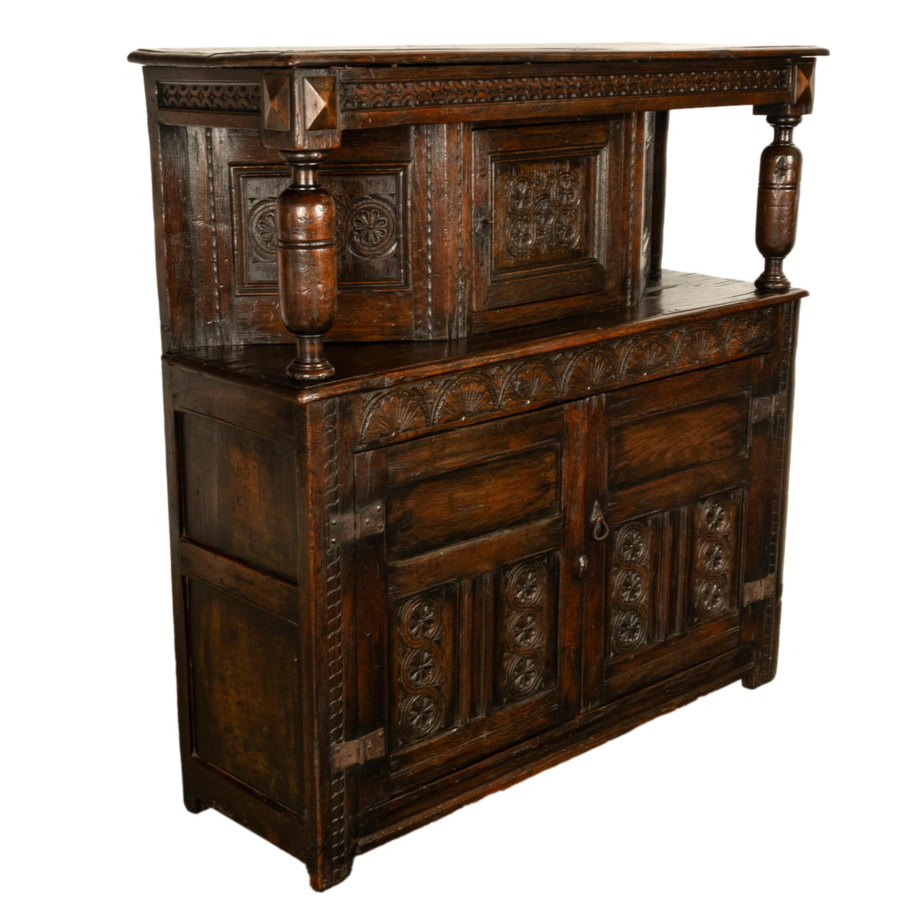 English Antique 17th C Elizabethan Tudor Period Carved Oak Court Cupboard Cabinet 1600