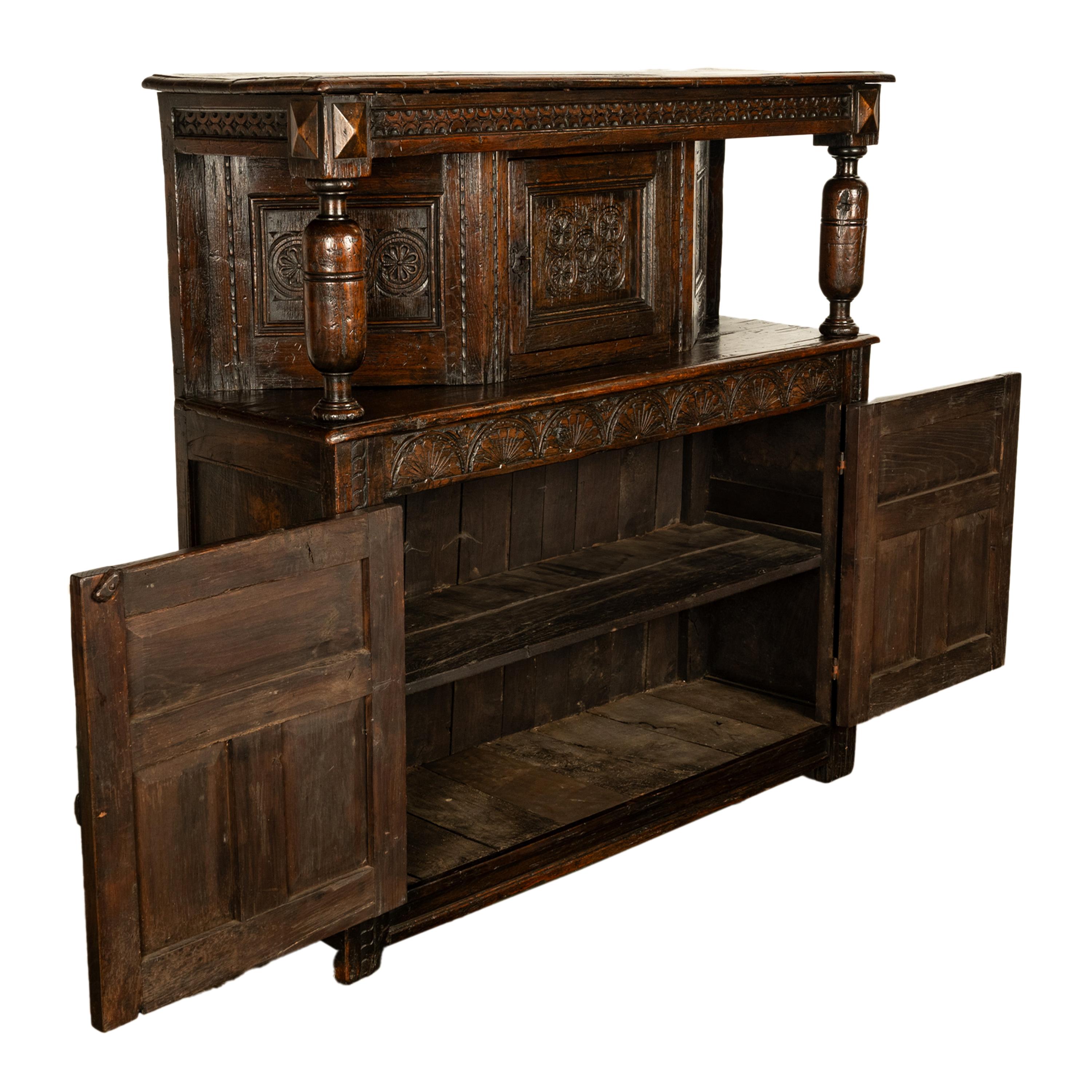 18th Century and Earlier Antique 17th C Elizabethan Tudor Period Carved Oak Court Cupboard Cabinet 1600