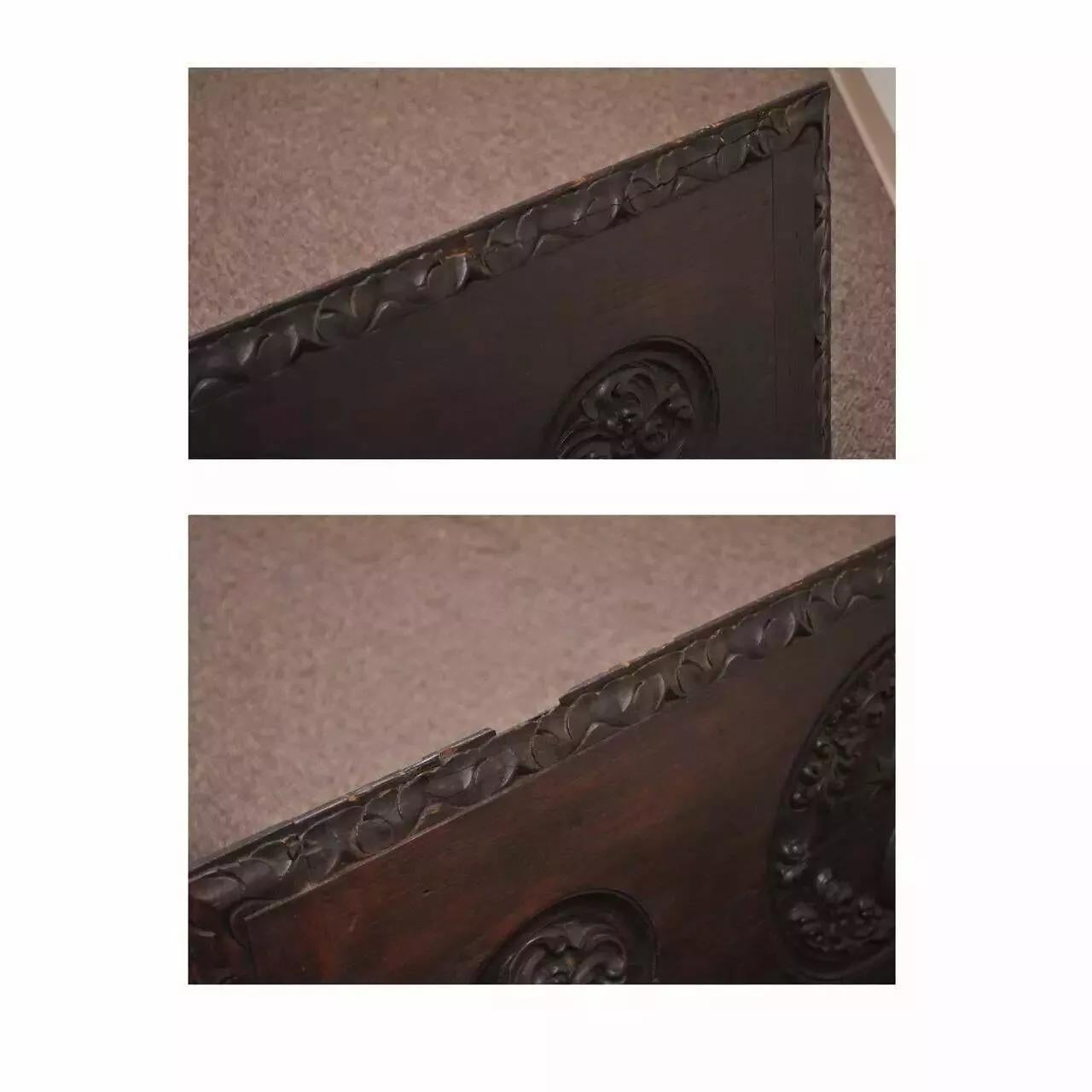 Ancienne banquette en chêne sculpté et fer forgé de la Renaissance anglaise du 17ème C. en vente 2