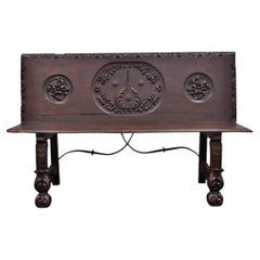 Antiguo Banqueta Renacentista Inglesa del S. XVII de Roble Tallado y Hierro Forjado