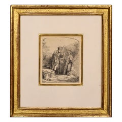 Gravure ancienne du XVIIe siècle encadrée Rembrandt Van Rijn Abraham & Isaac à la pointe sèche, encadrée