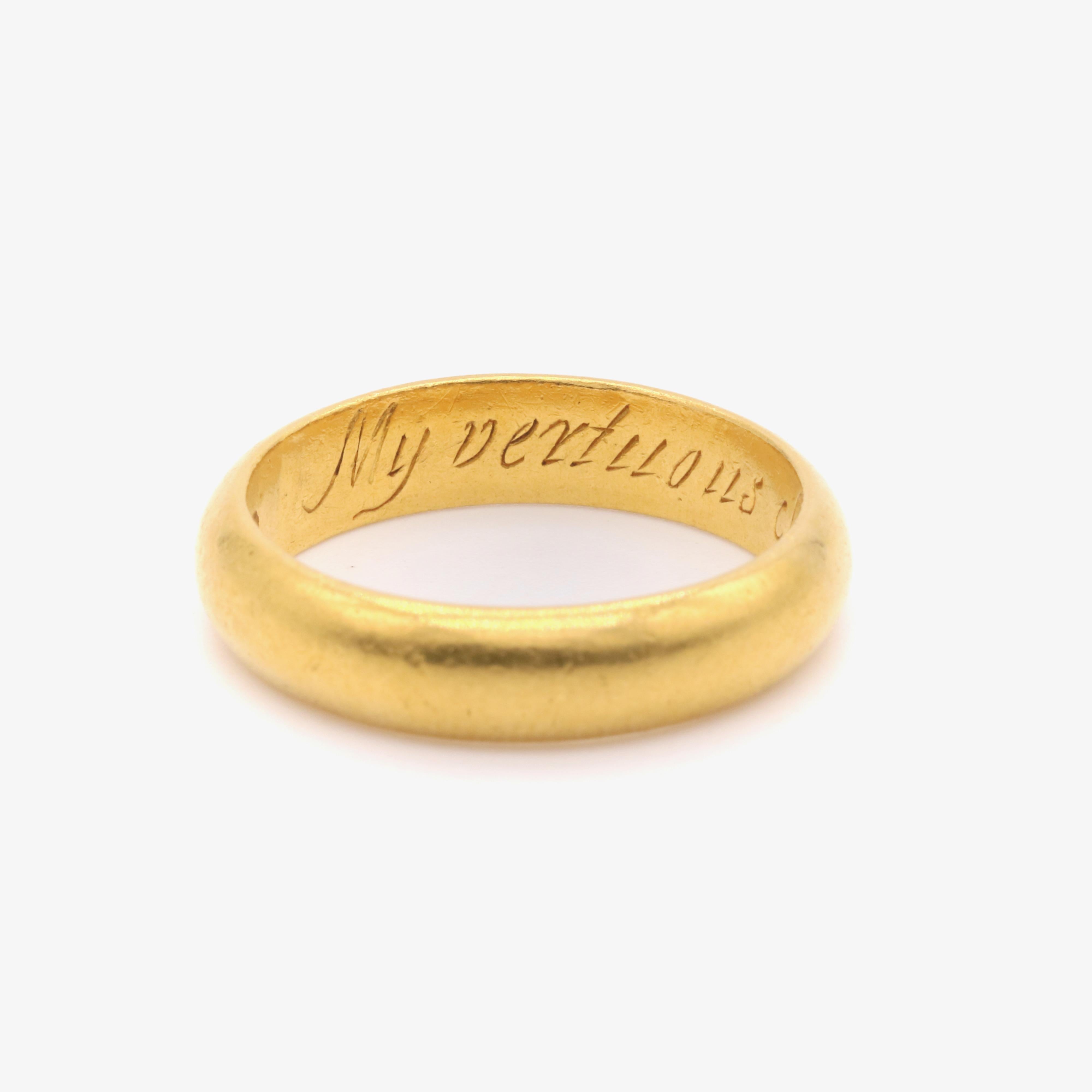 Antiker 22 Karat Gold Posy-Ring aus dem 17. Jahrhundert, My Vertuous Choice Makes Me Rejoyce im Zustand „Gut“ im Angebot in Staines-Upon-Thames, GB