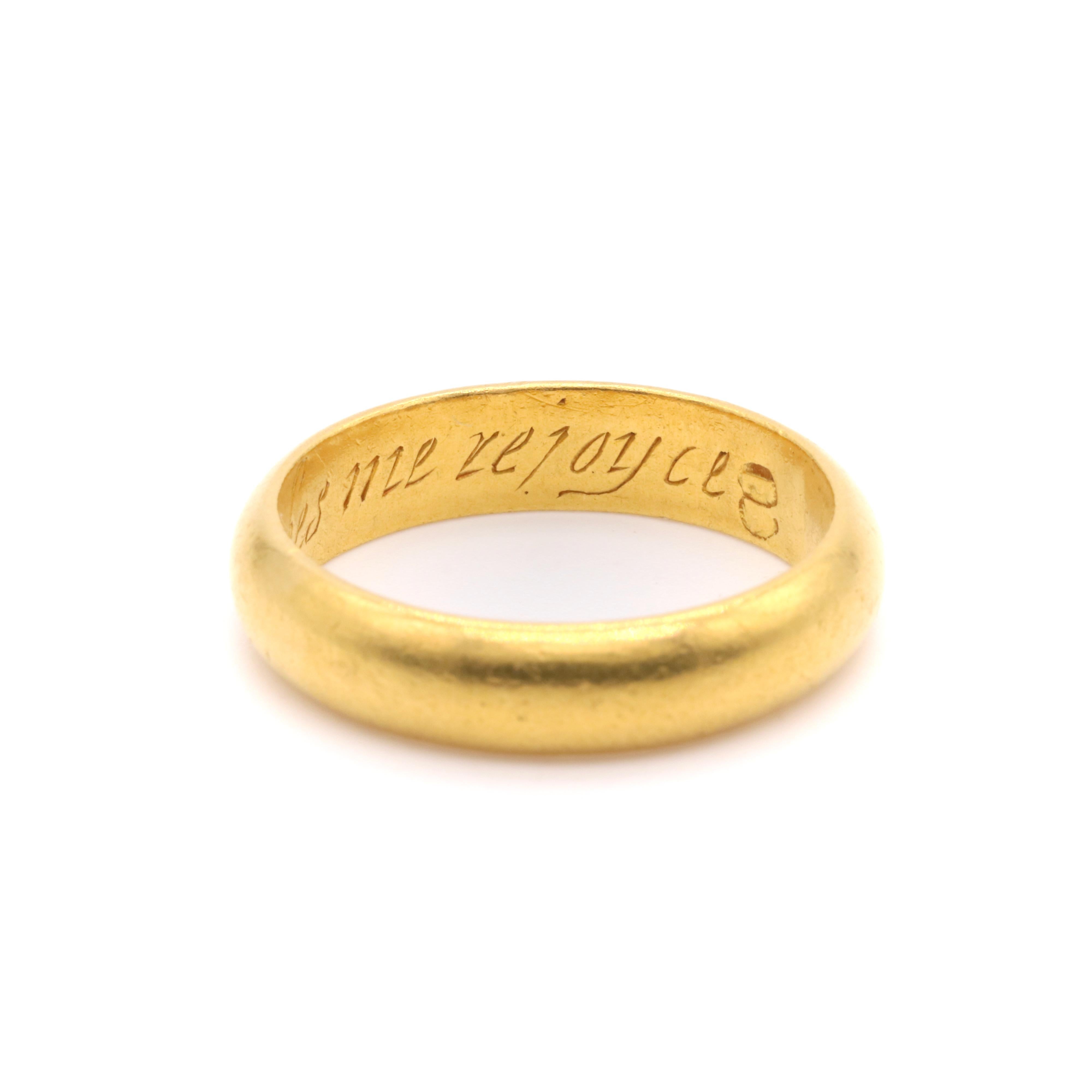 Women's or Men's Antique 17th Century 22K Gold “My Vertuous Choice Makes Me Rejoyce” Posy Ring For Sale