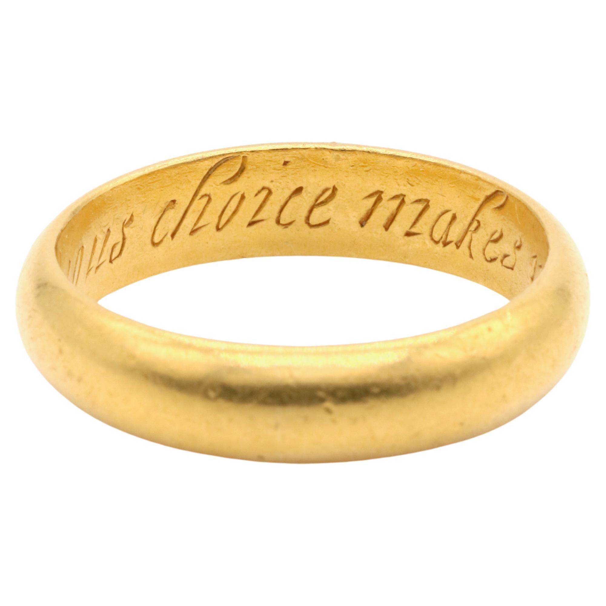 Antique 17th Century 22K Gold “My Vertuous Choice Makes Me Rejoyce” Posy Ring For Sale