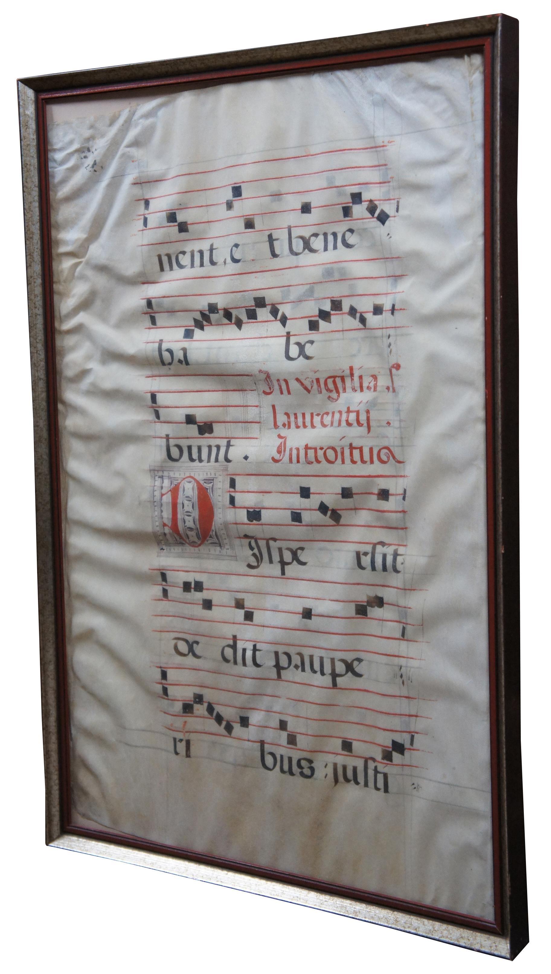 Framed 17th century Roman Catholic sheet music hand written in Latin on vellum in red and black ink.

Measures: Sans frame 18” x 27.625”.