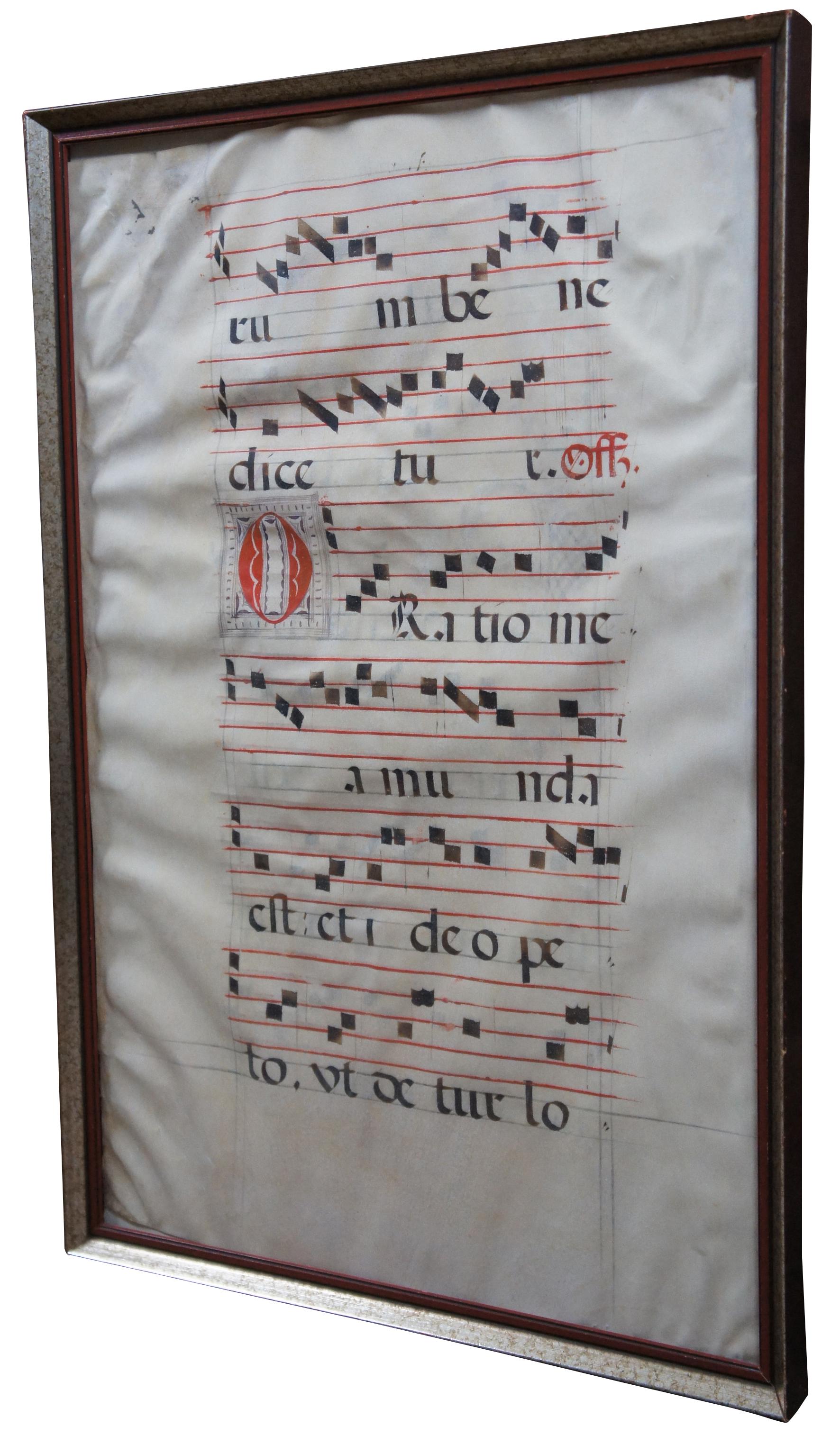 Framed 17th century Roman Catholic sheet music hand written in Latin on vellum in red and black ink.

Measures: Sans frame 18” x 27.625”.
  