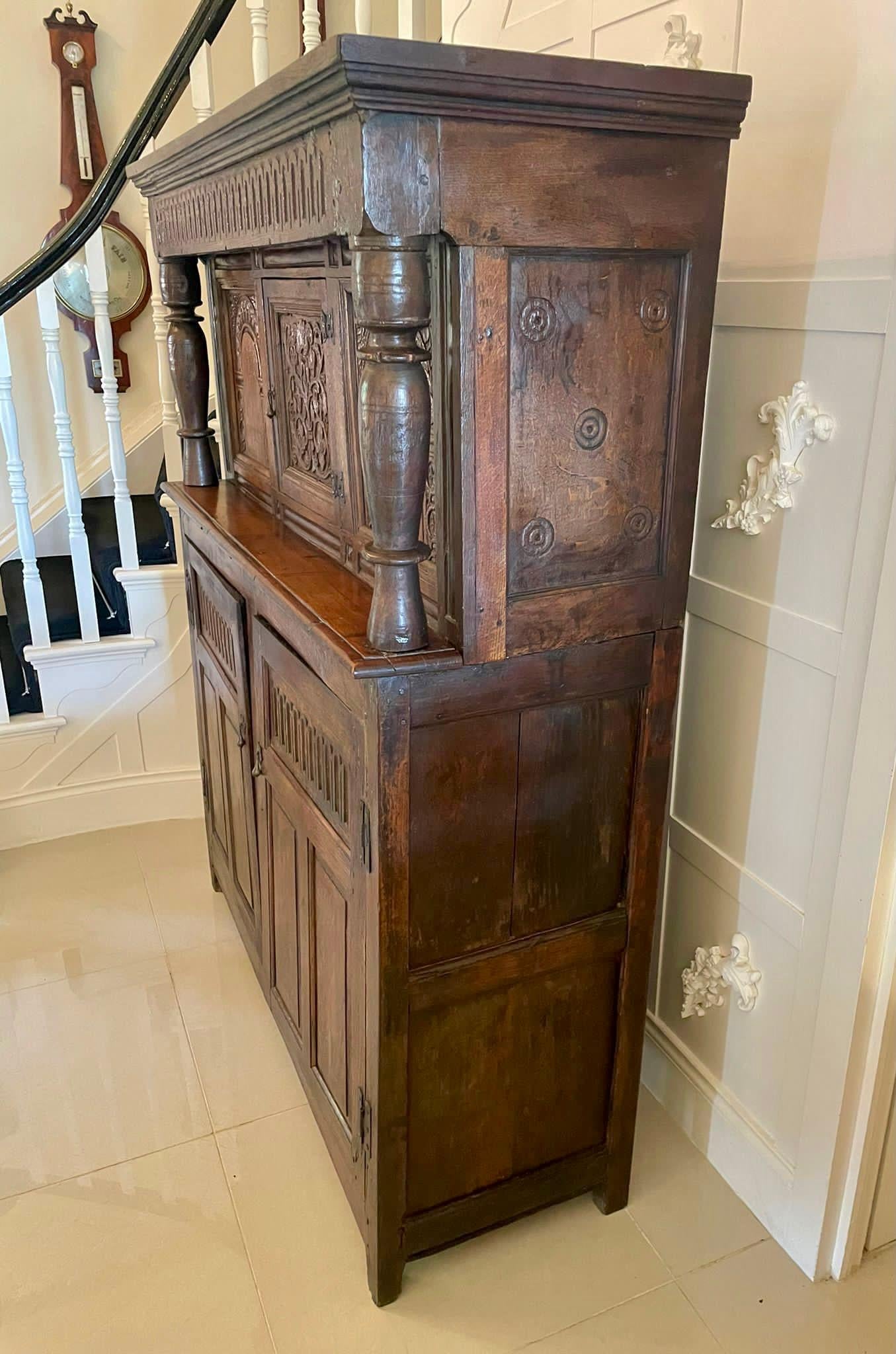 Antique 17th Century Antique Carved Oak Court Cupboard 2