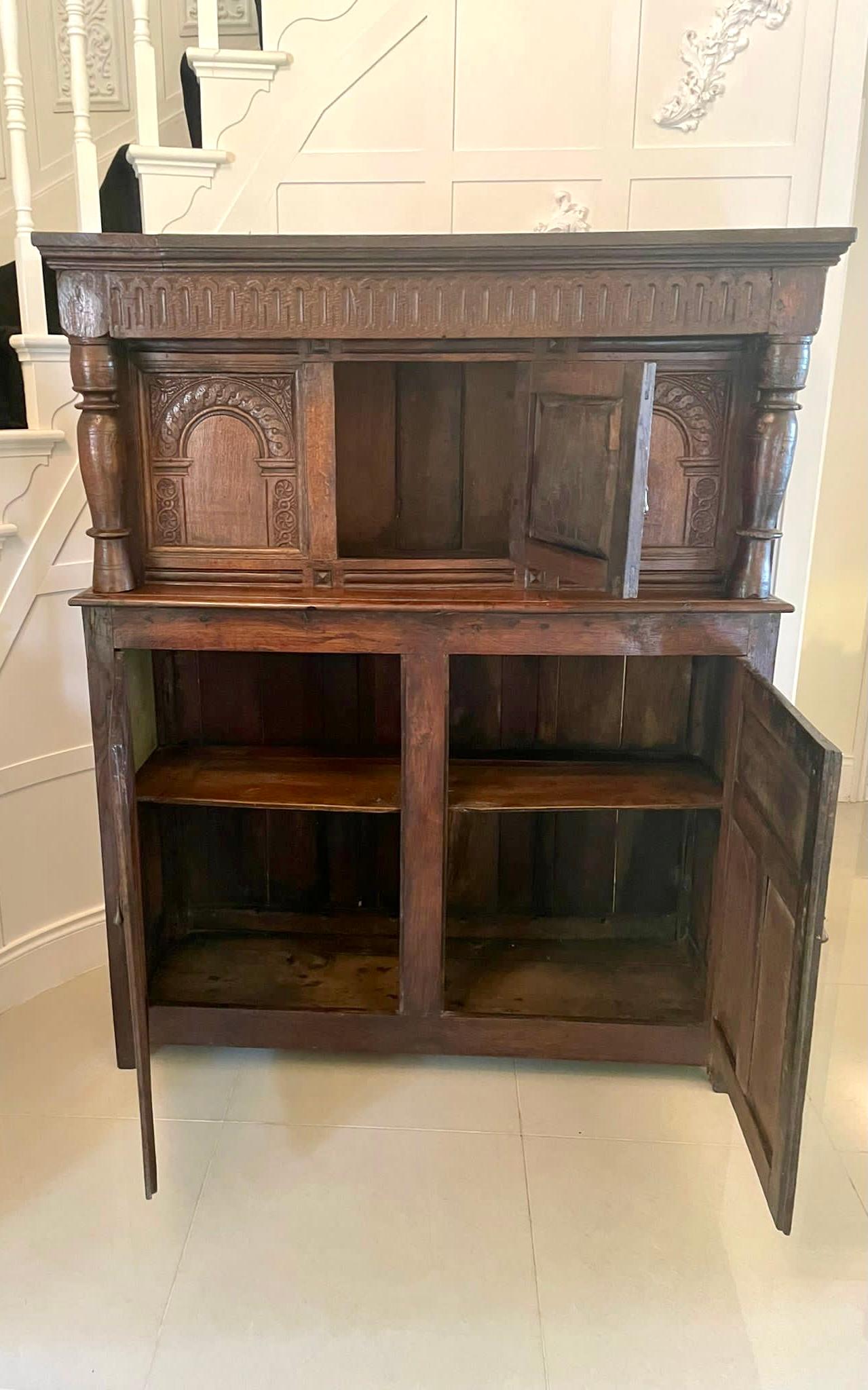 Antique 17th Century Antique Carved Oak Court Cupboard 12