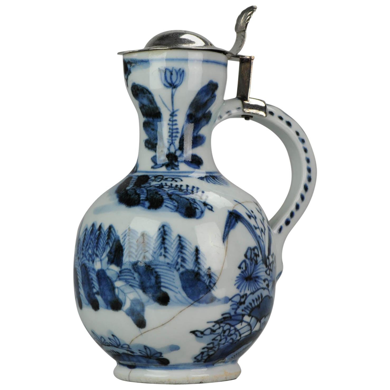 Antique 17th Century Arita Jug with Dutch Silver Lid Japan Edo Period Porcelain For Sale