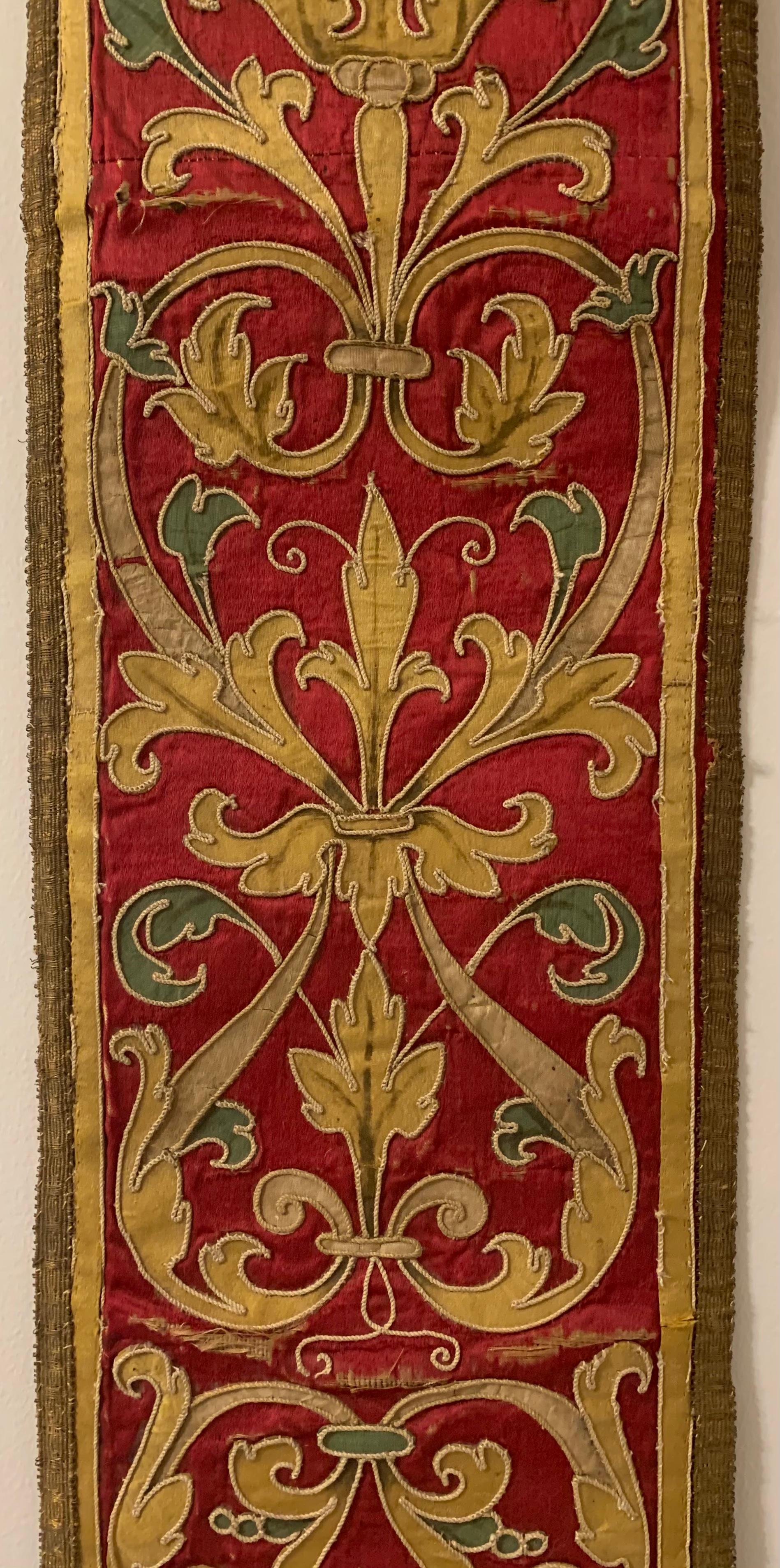 Hand-Crafted Antique 17th Century Baroque Italian Silk, Metallic Thread Embroidery Panel For Sale