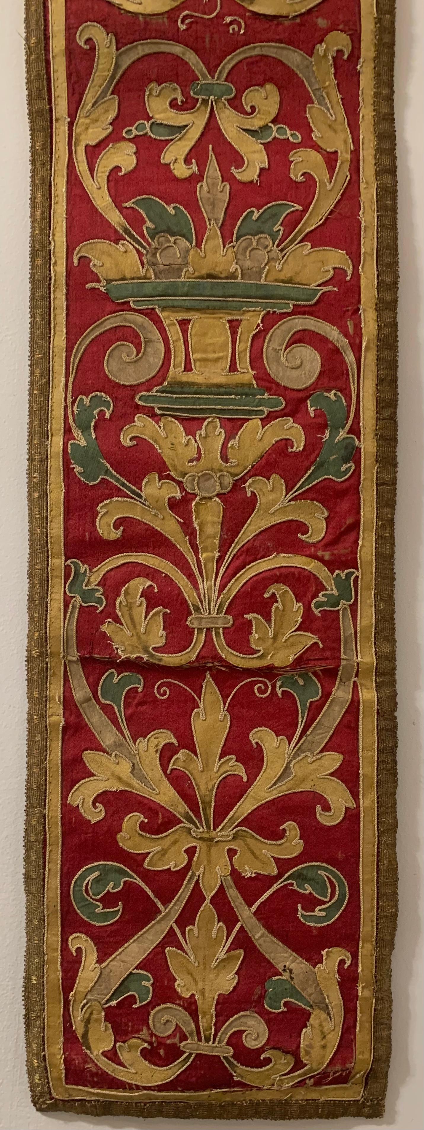 Antique 17th Century Baroque Italian Silk, Metallic Thread Embroidery Panel In Good Condition For Sale In New York, NY