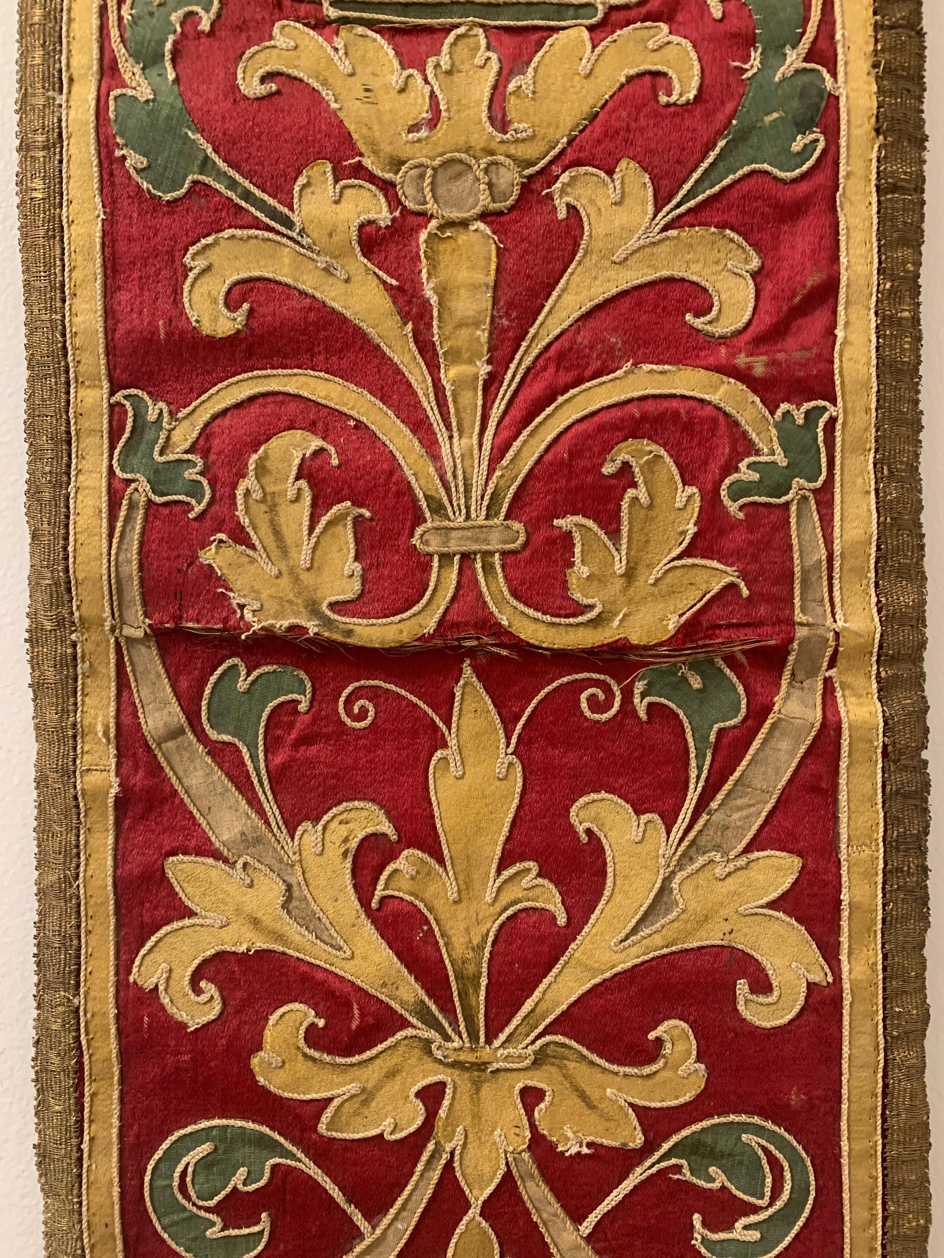 18th Century and Earlier Antique 17th Century Baroque Italian Silk, Metallic Thread Embroidery Panel For Sale