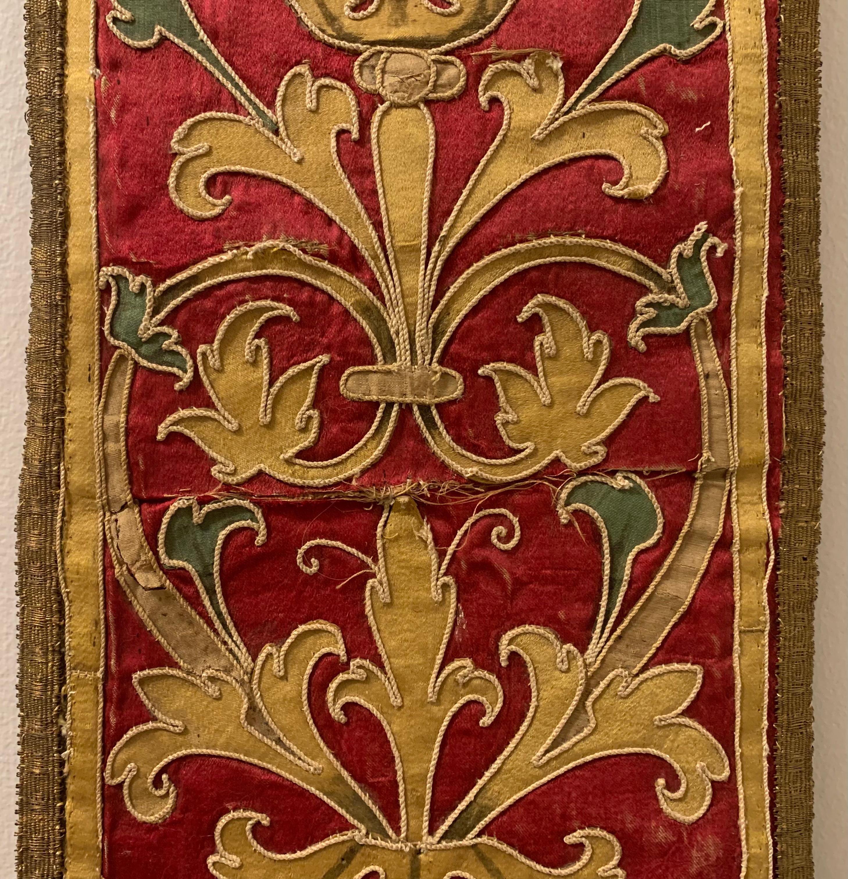 Antique 17th Century Baroque Italian Silk, Metallic Thread Embroidery Panel For Sale 1