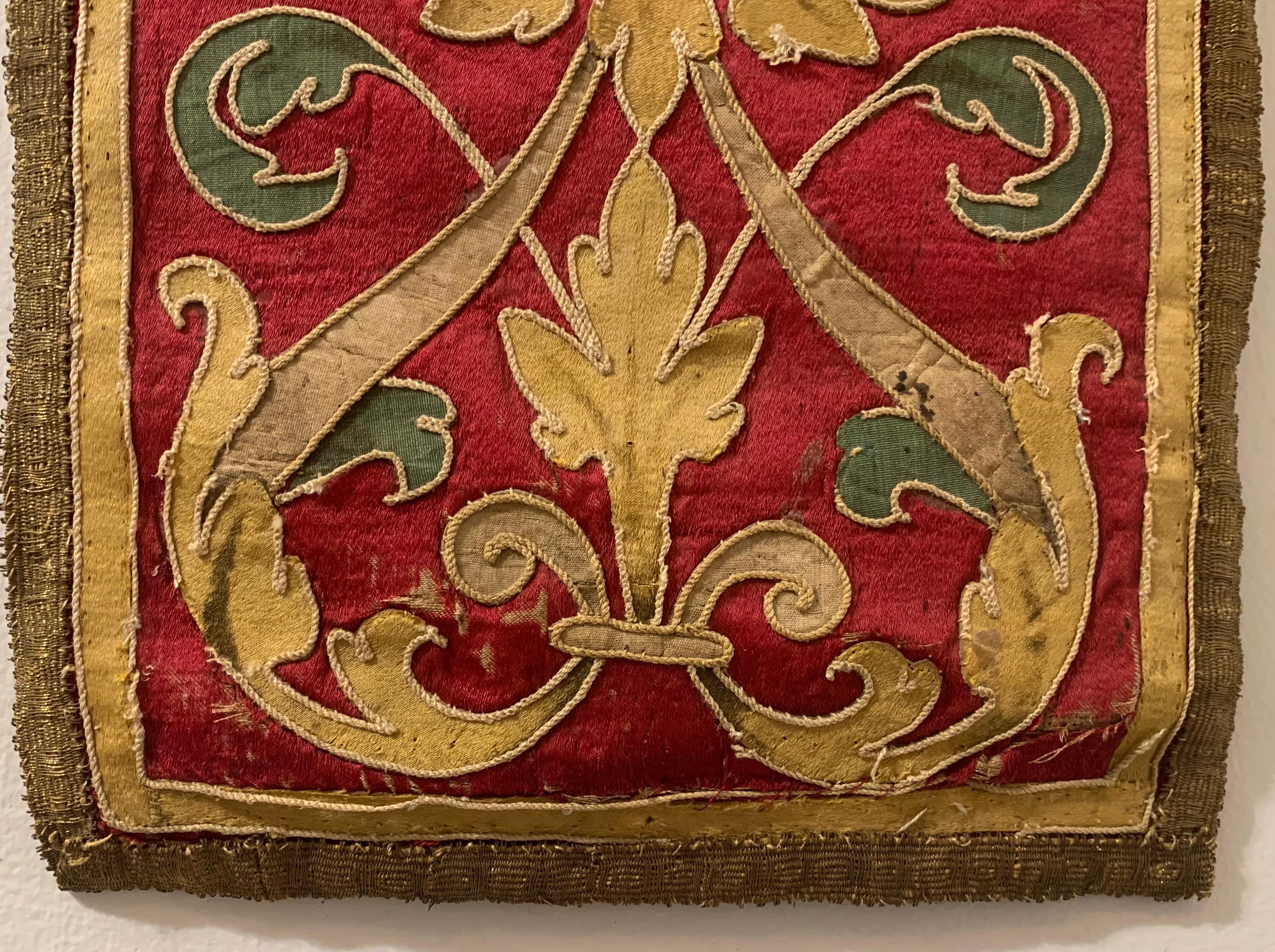 Antique 17th Century Baroque Italian Silk, Metallic Thread Embroidery Panel For Sale 1