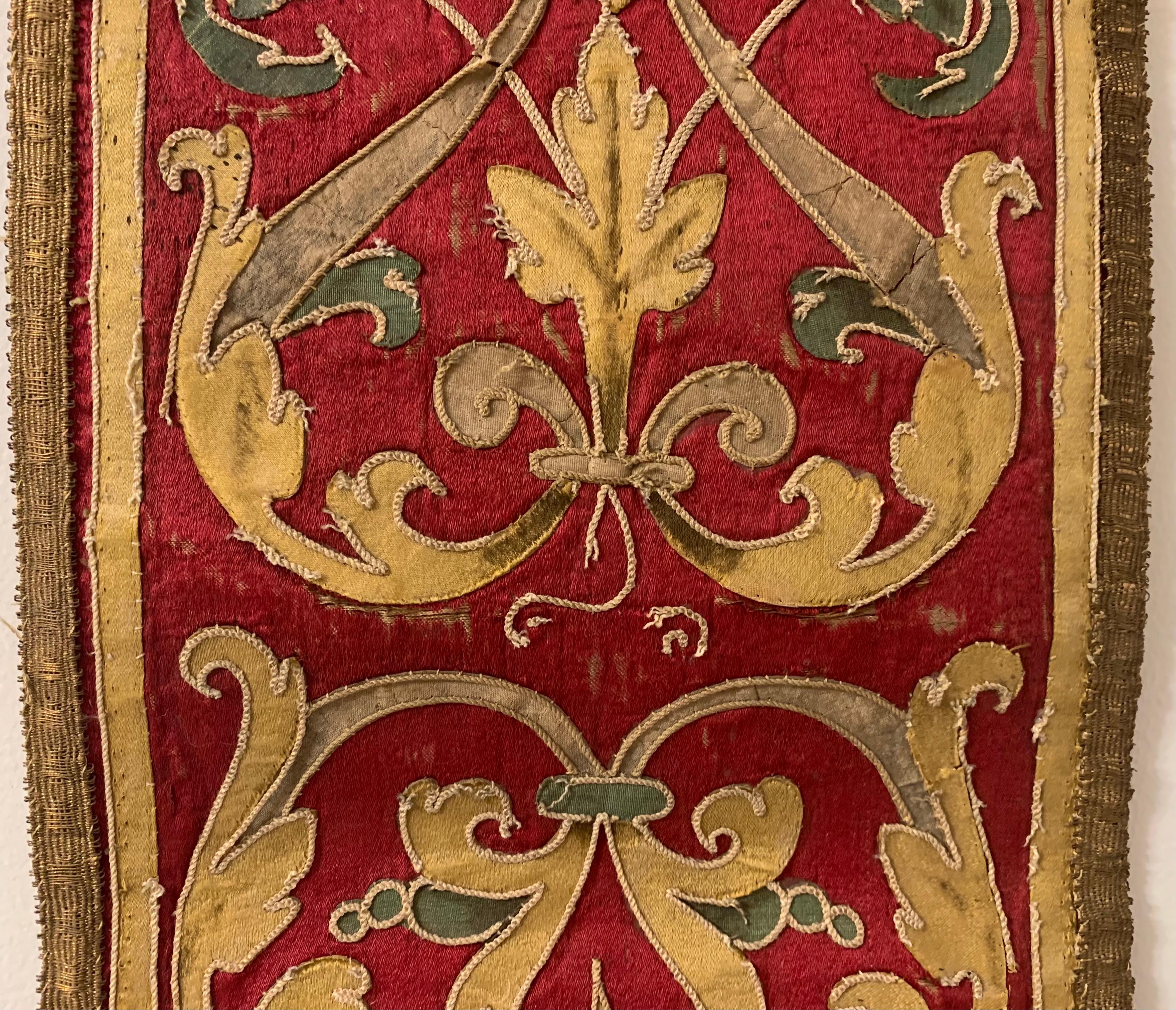Antique 17th Century Baroque Italian Silk, Metallic Thread Embroidery Panel For Sale 2