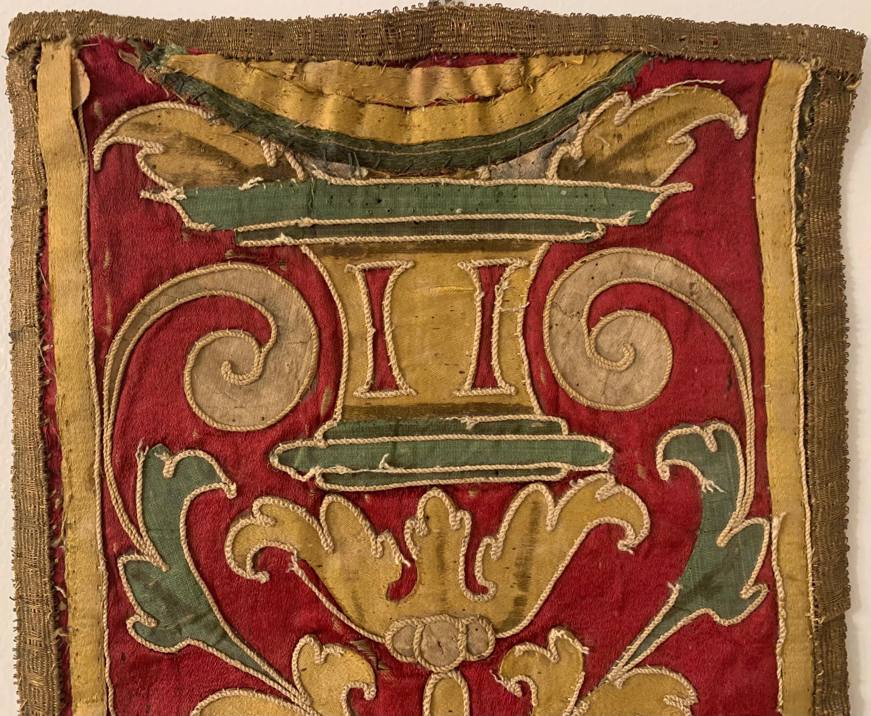 Antique 17th Century Baroque Italian Silk, Metallic Thread Embroidery Panel For Sale 3