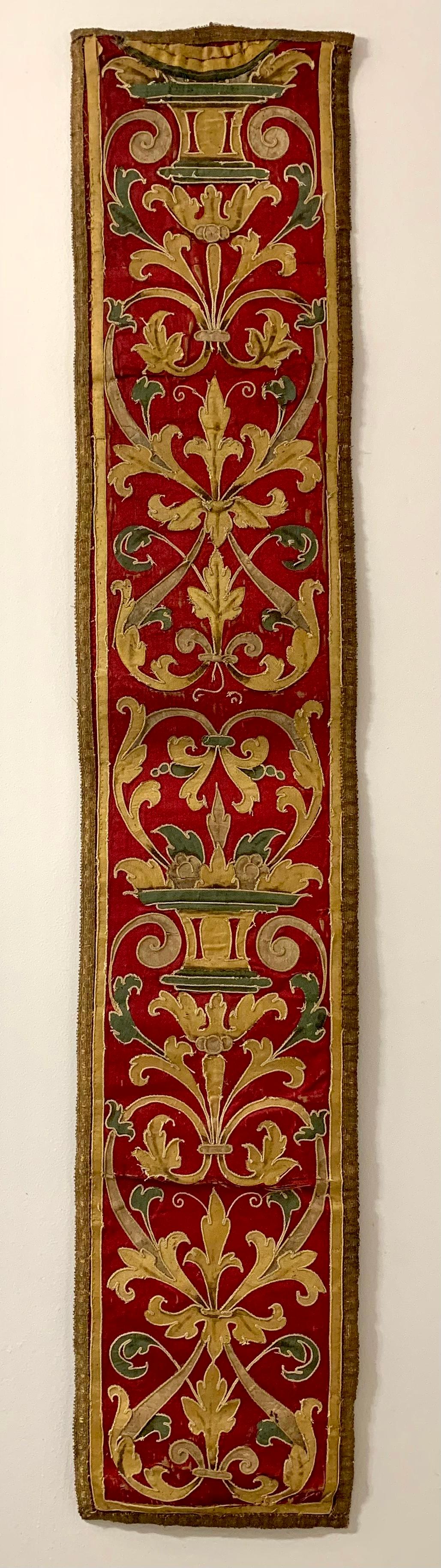 Antique 17th Century Baroque Italian Silk, Metallic Thread Embroidery Panel For Sale 4
