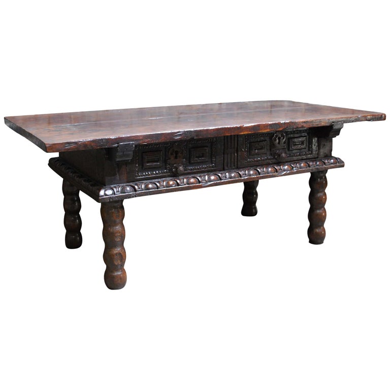 Antique 17th Century Baroque Spanish Walnut Coffee Table with Two Drawers For Sale