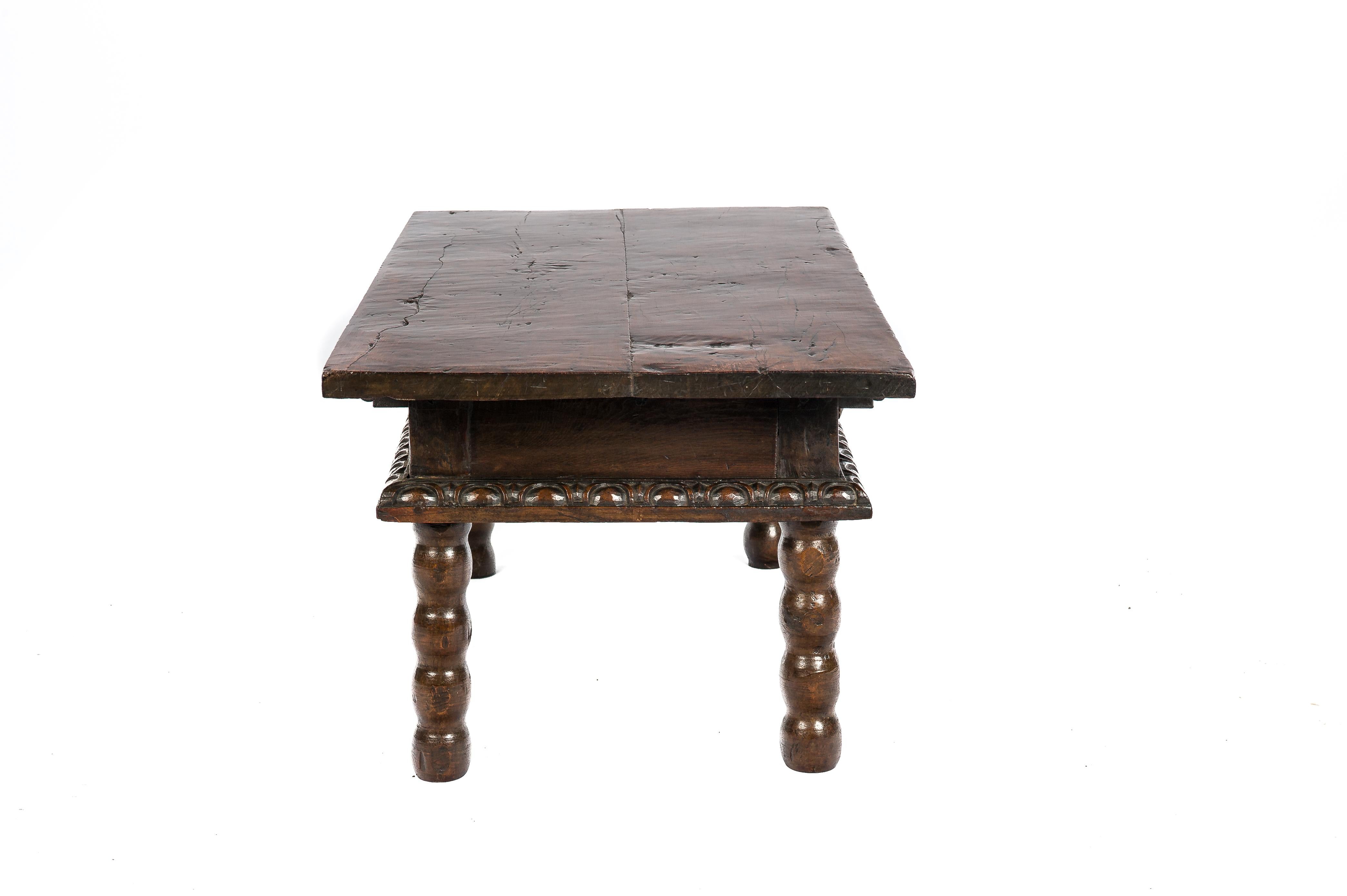Forged Antique 17th Century Baroque Spanish Walnut  Rustic Two Drawers Coffee Table