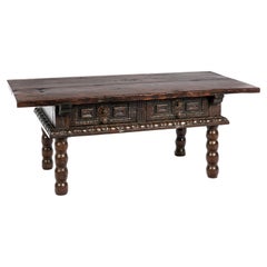 Antique 17th Century Baroque Spanish Walnut  Rustic Two Drawers Coffee Table