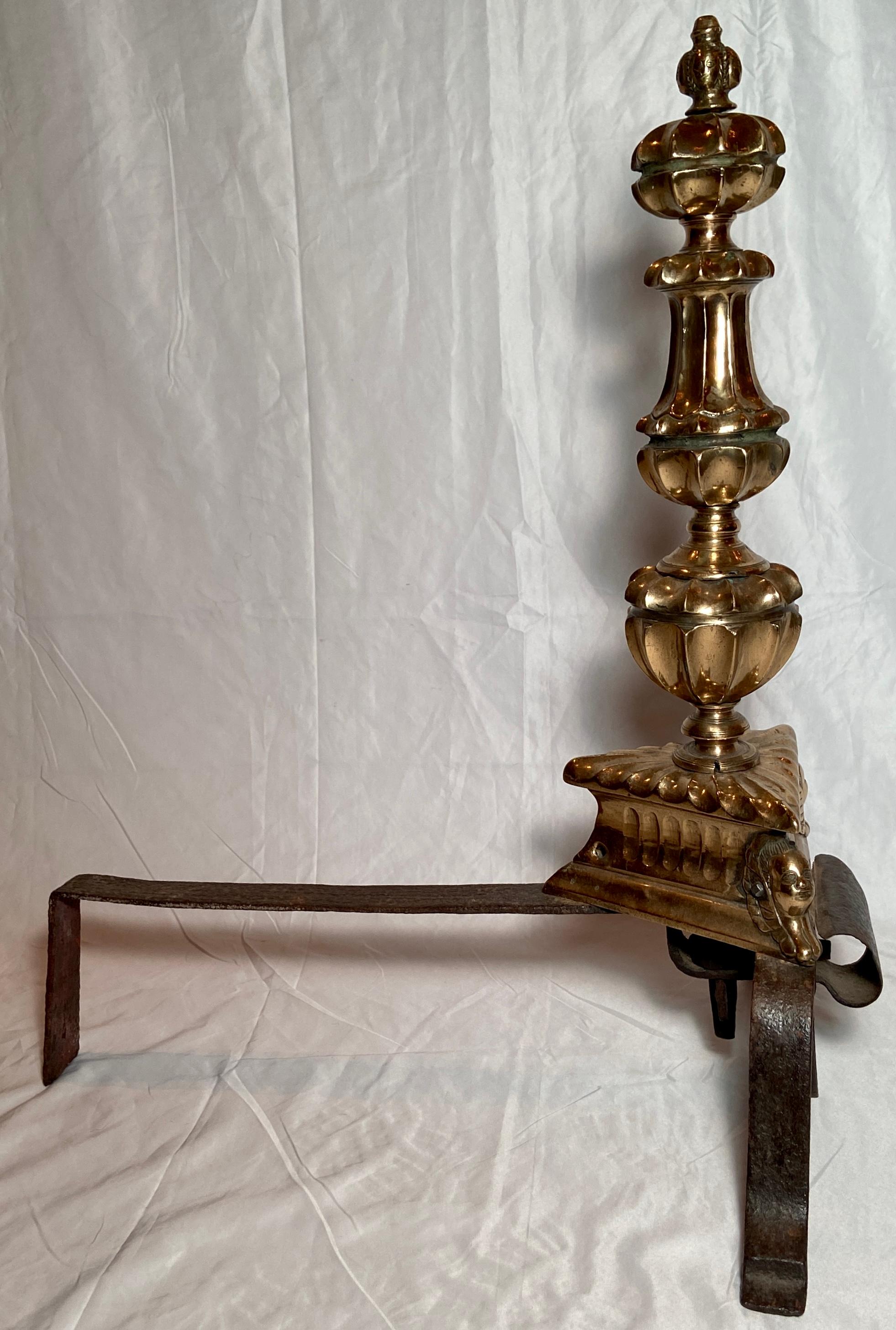Antique 17th Century Brass and Iron Andirons In Good Condition For Sale In New Orleans, LA