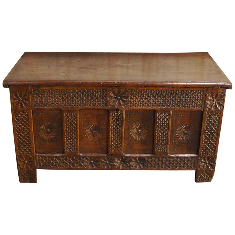 Antique 17th Century Carved Oak Dutch Renaissance Maids Chest For Sale