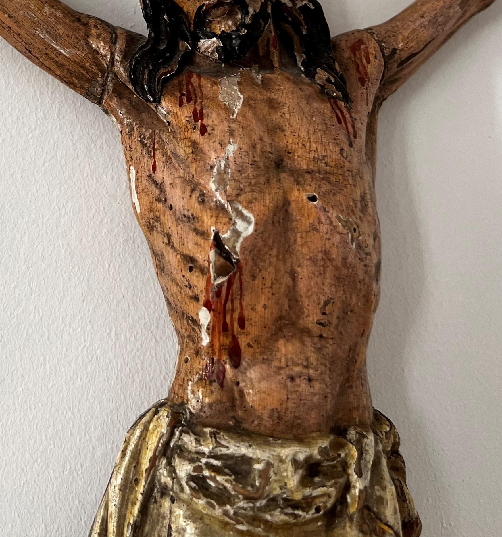 Italian Antique 17th Century carved wood polychrome Crucifix/ Corpus Christi For Sale