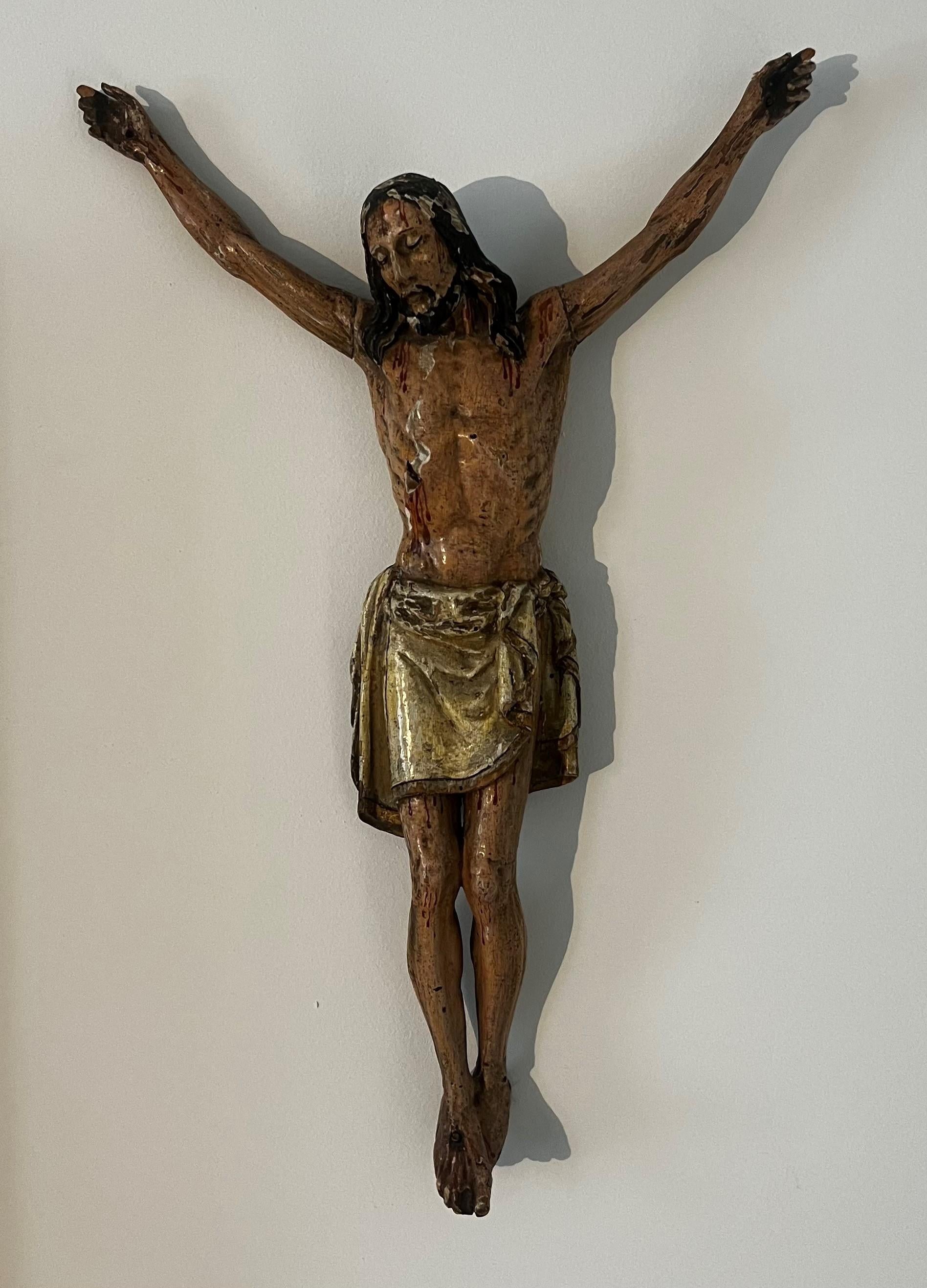Carved Antique 17th Century carved wood polychrome Crucifix/ Corpus Christi For Sale
